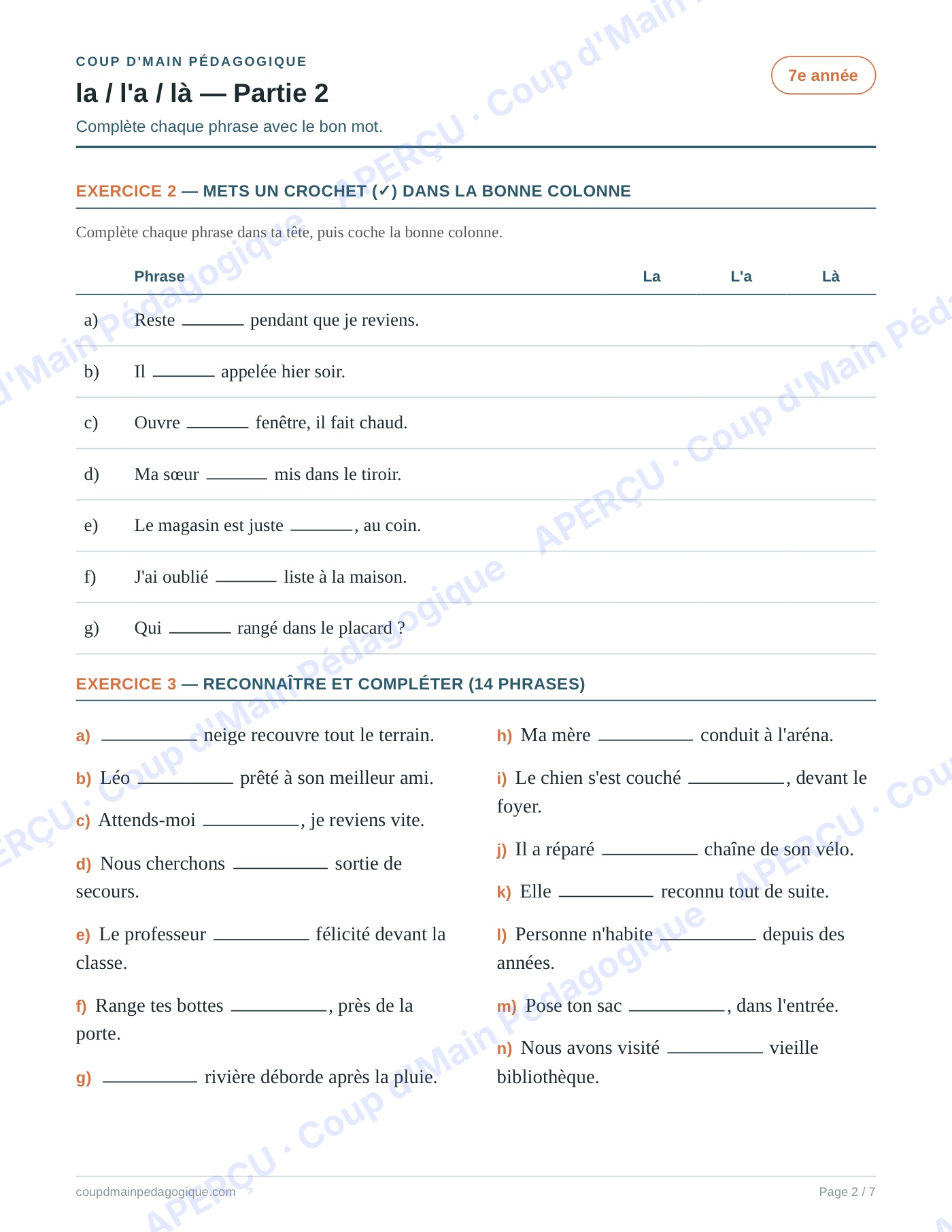 Page 2 — Les homophones la/l'a/là — 7e année, fiche