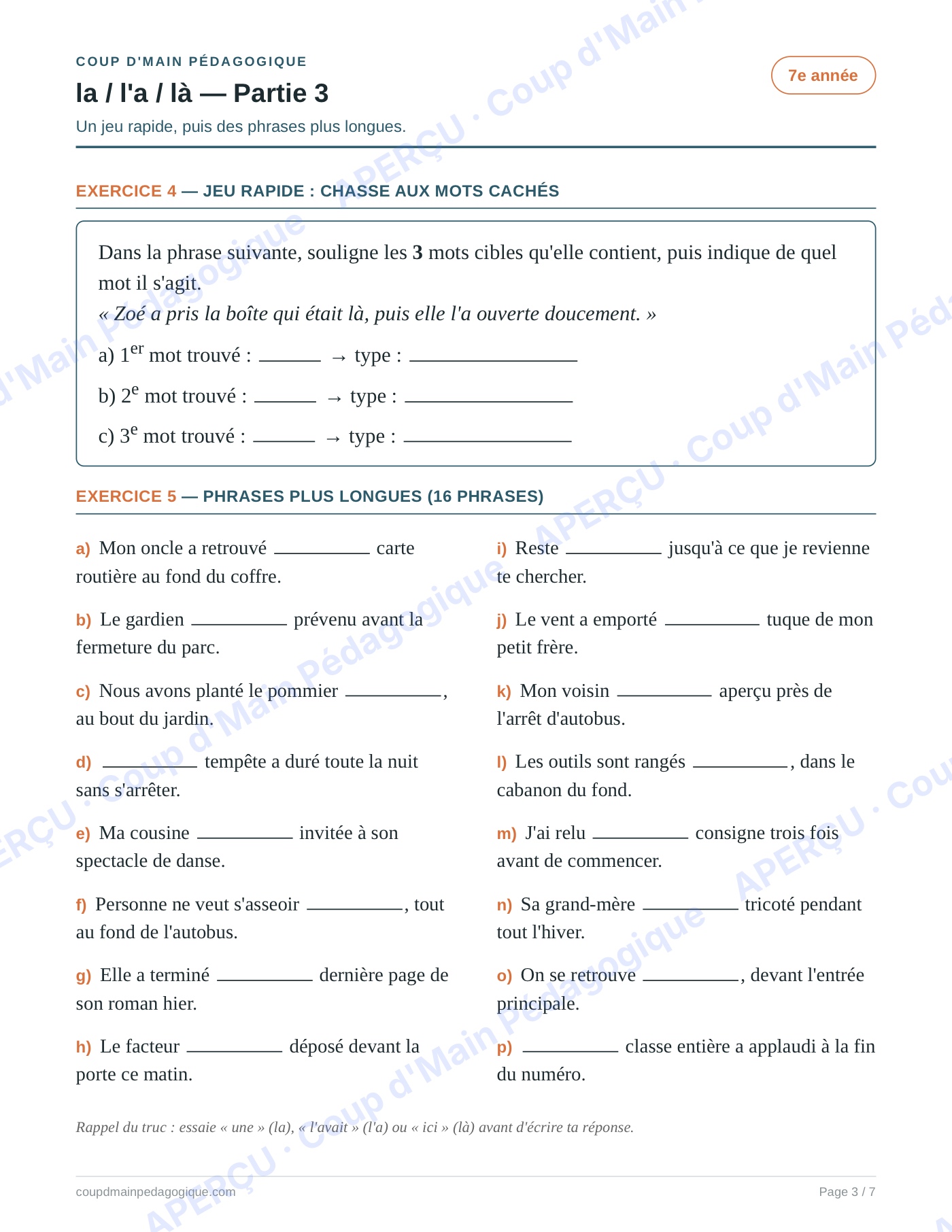 Page 3 — Les homophones la/l'a/là — 7e année, fiche