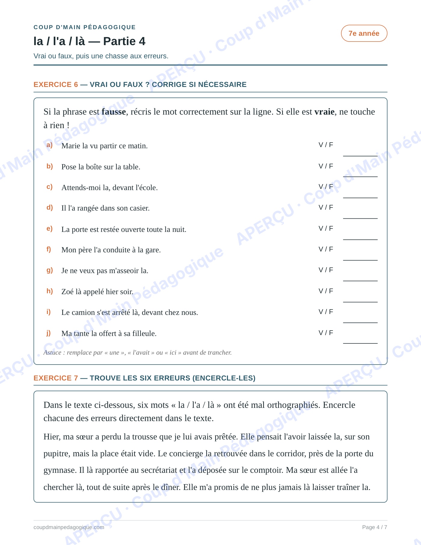 Page 4 — Les homophones la/l'a/là — 7e année, fiche