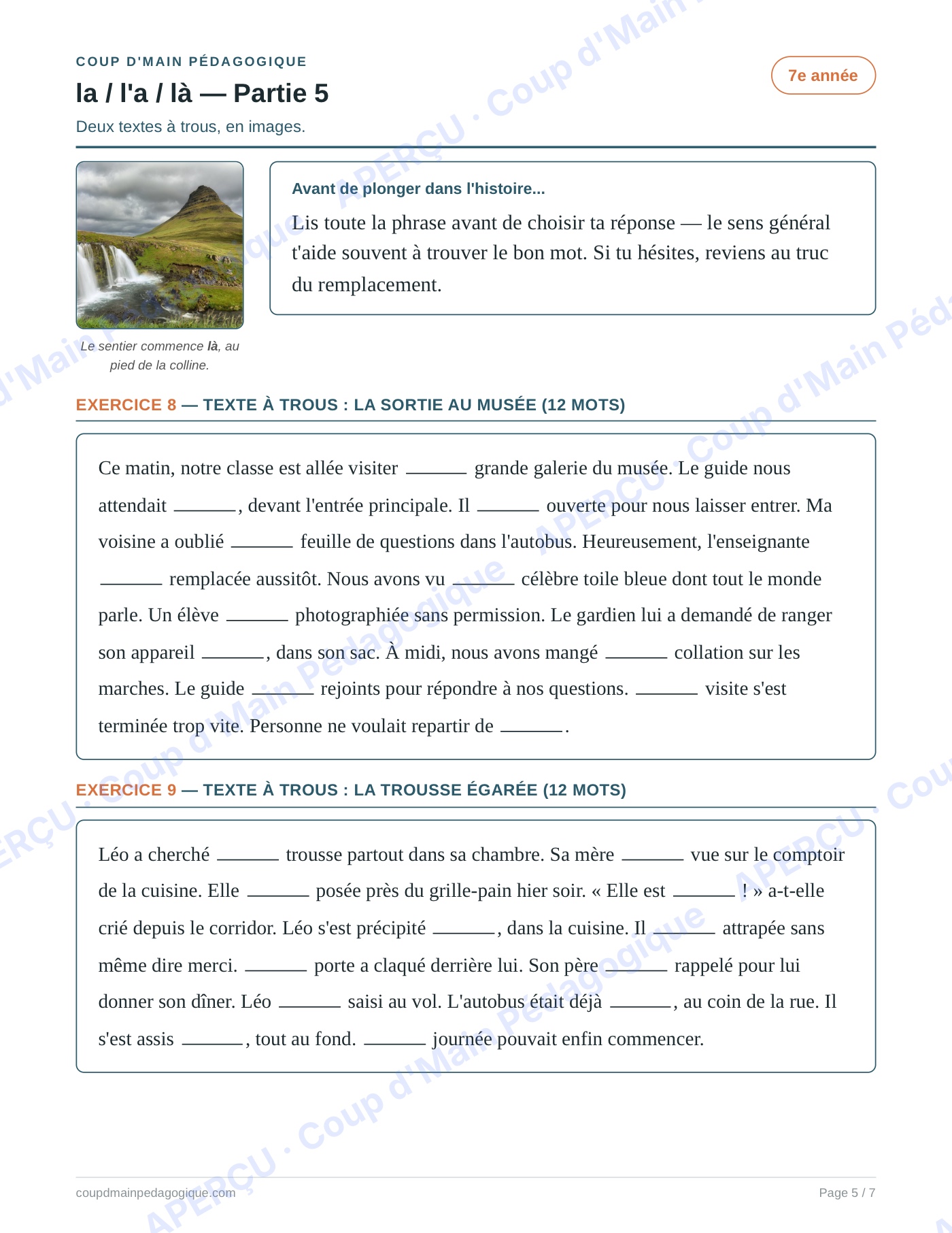 Page 5 — Les homophones la/l'a/là — 7e année, fiche