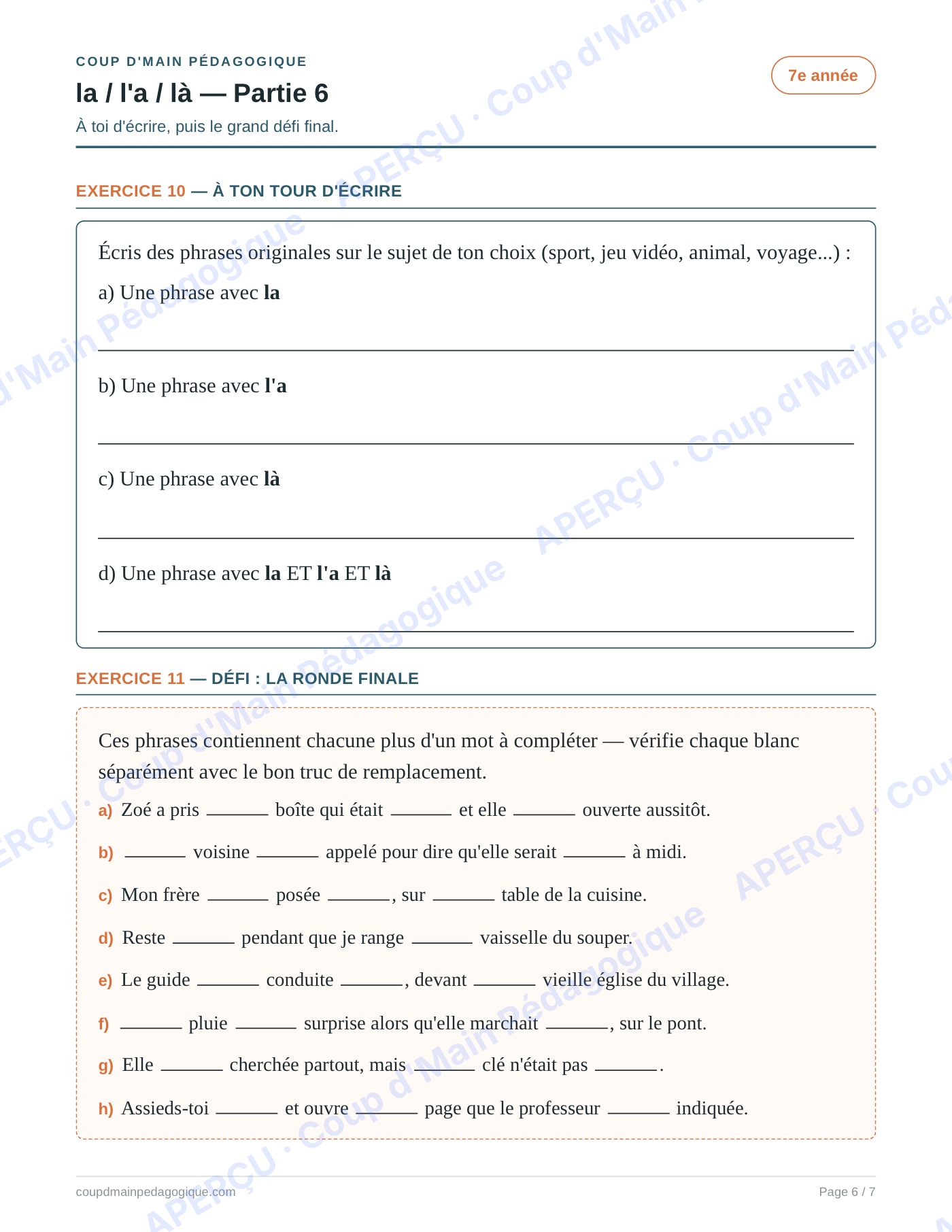 Page 6 — Les homophones la/l'a/là — 7e année, fiche