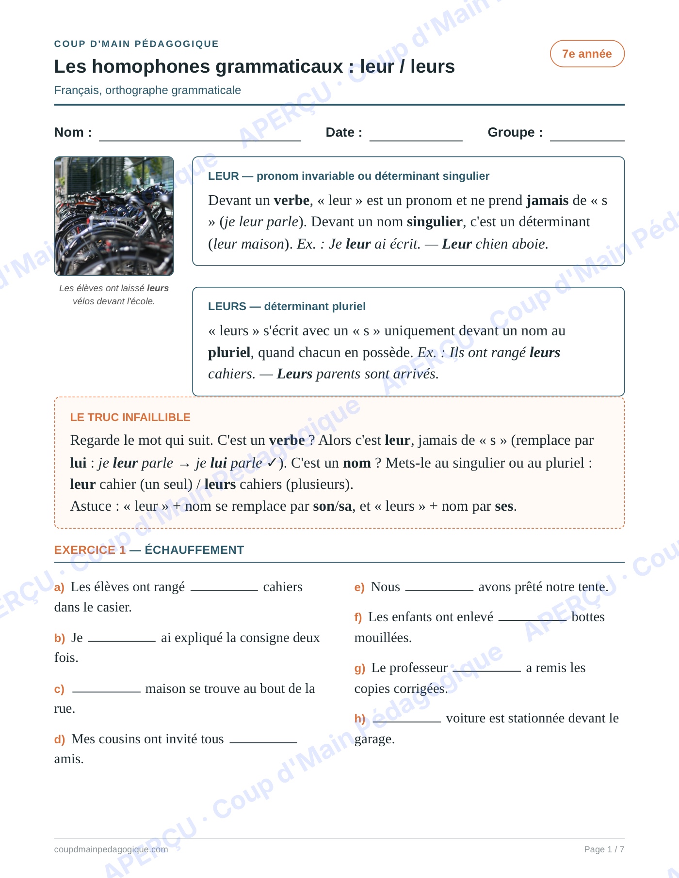 Page 1 — Les homophones leur/leurs — 7e année, fiche