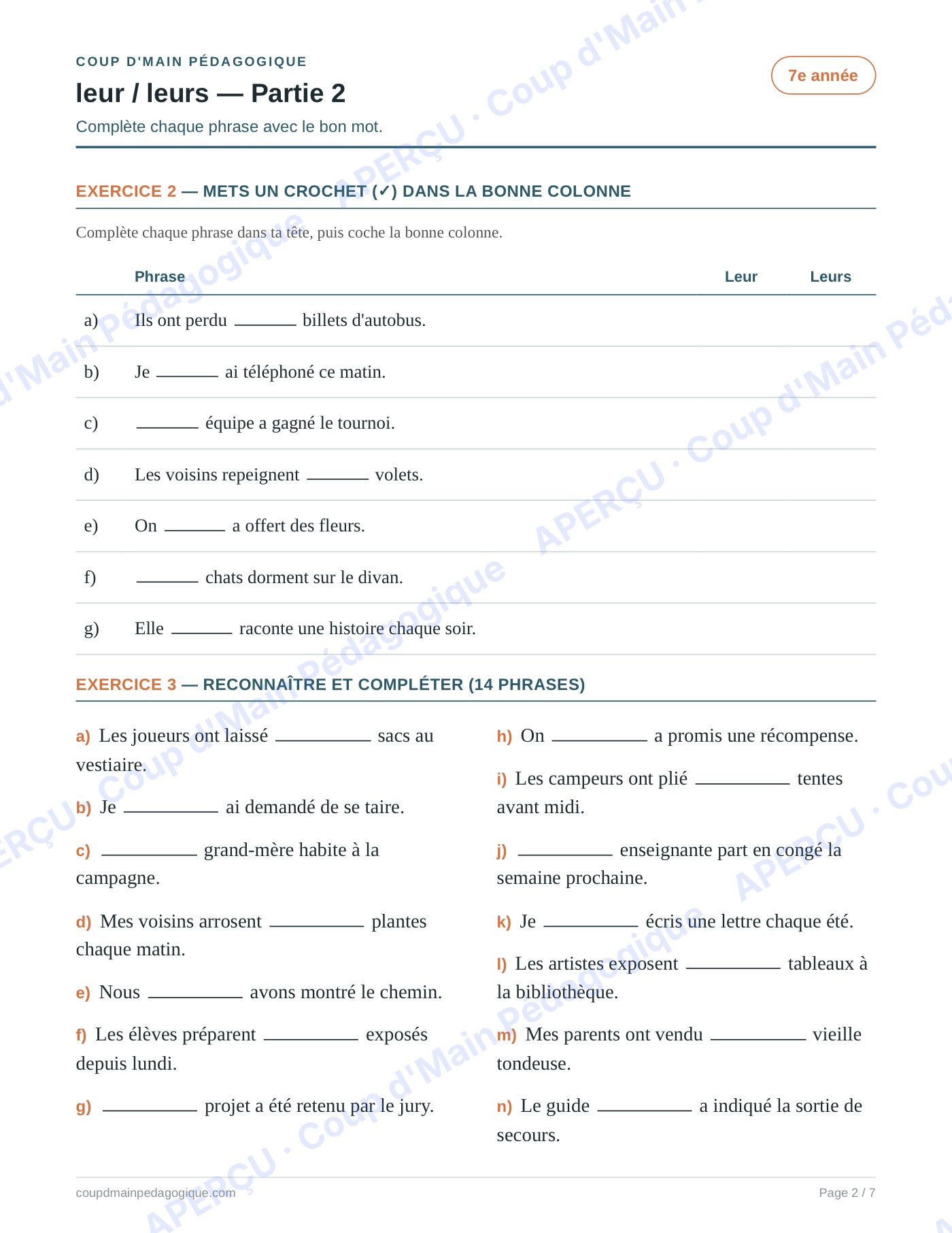 Page 2 — Les homophones leur/leurs — 7e année, fiche