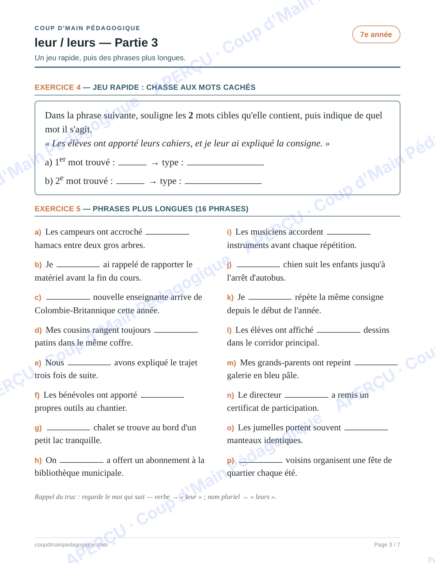 Page 3 — Les homophones leur/leurs — 7e année, fiche