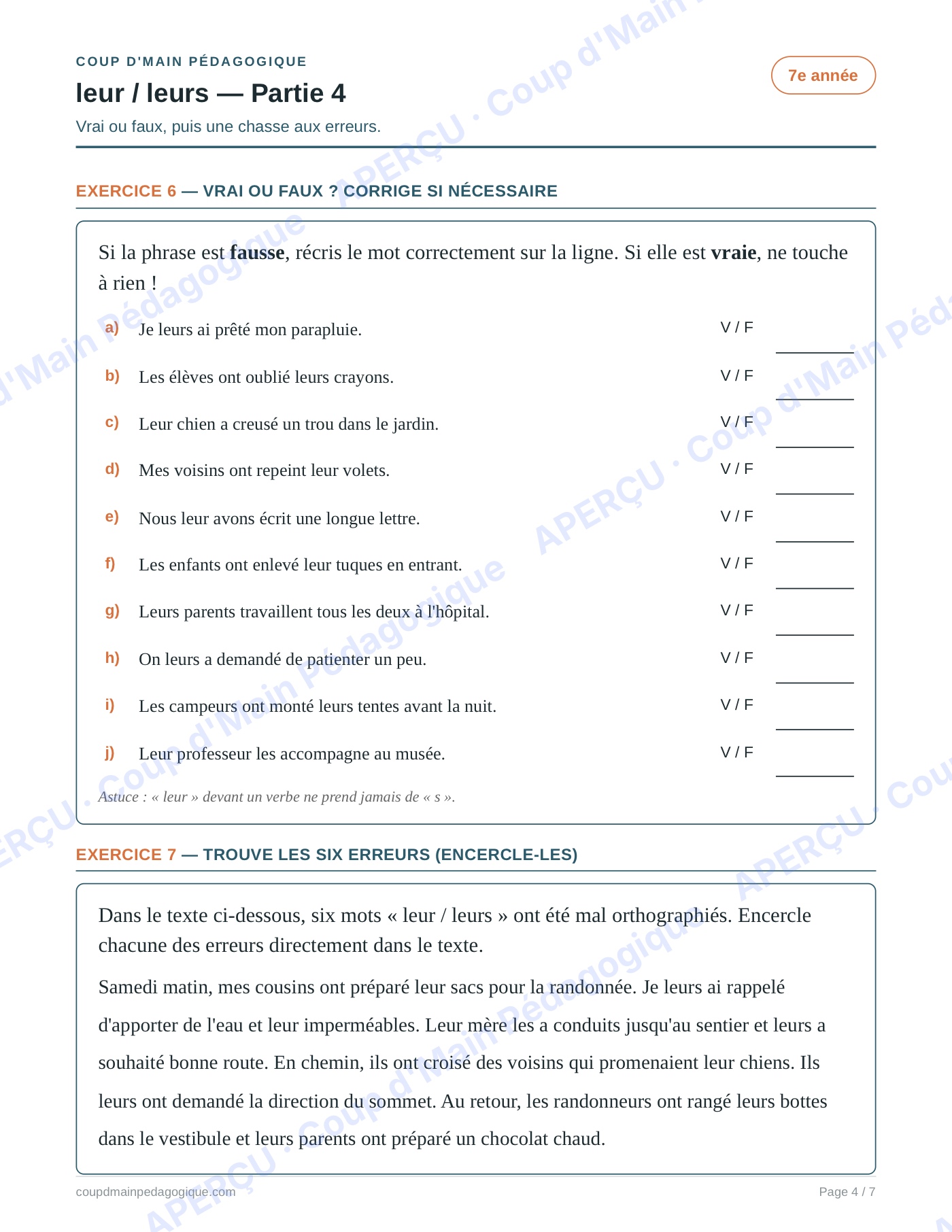 Page 4 — Les homophones leur/leurs — 7e année, fiche