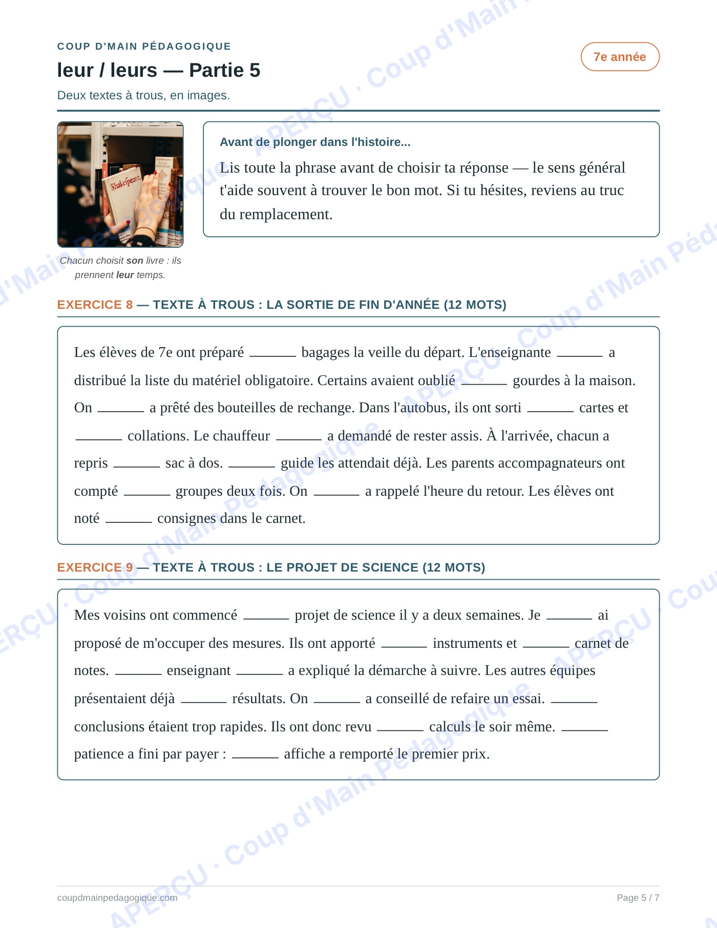 Page 5 — Les homophones leur/leurs — 7e année, fiche