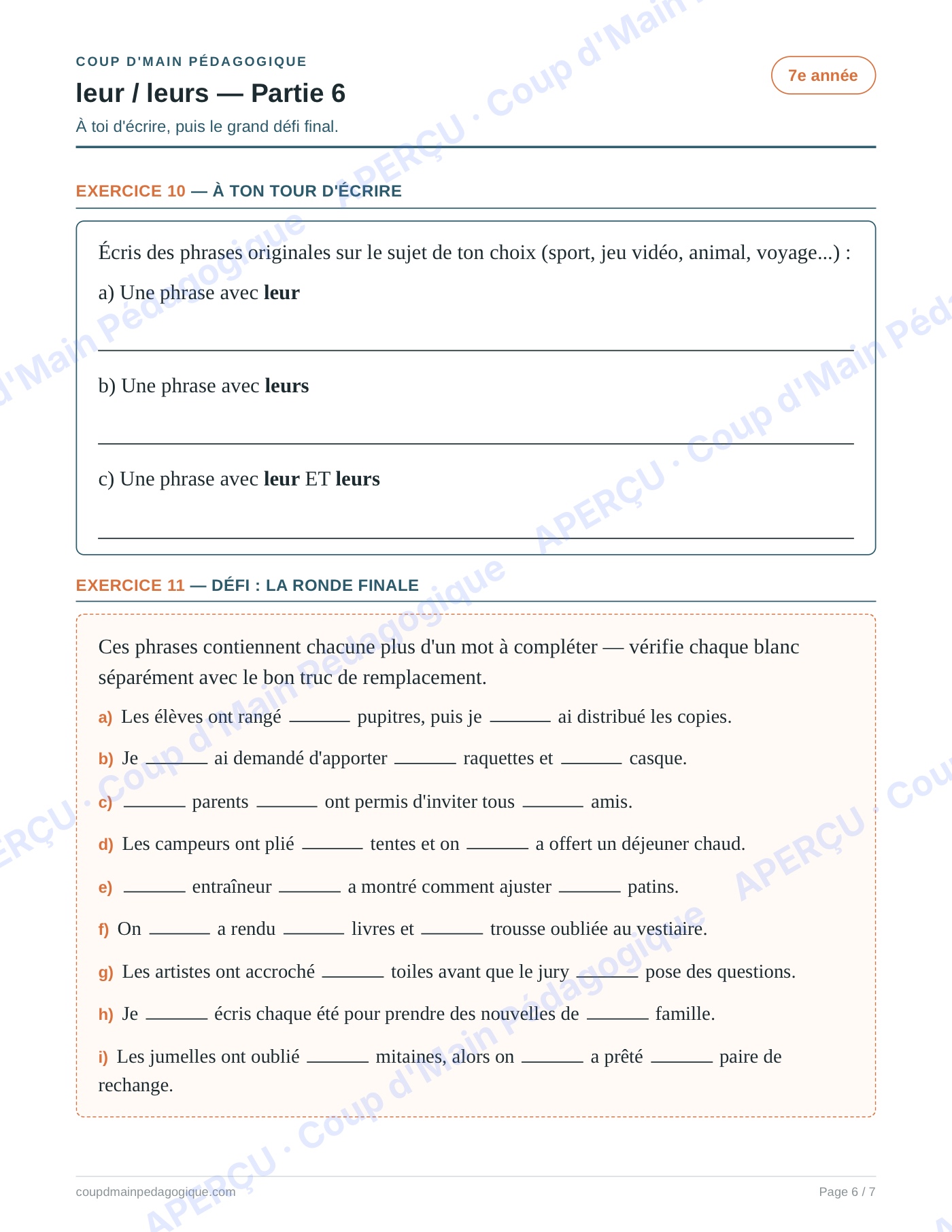 Page 6 — Les homophones leur/leurs — 7e année, fiche