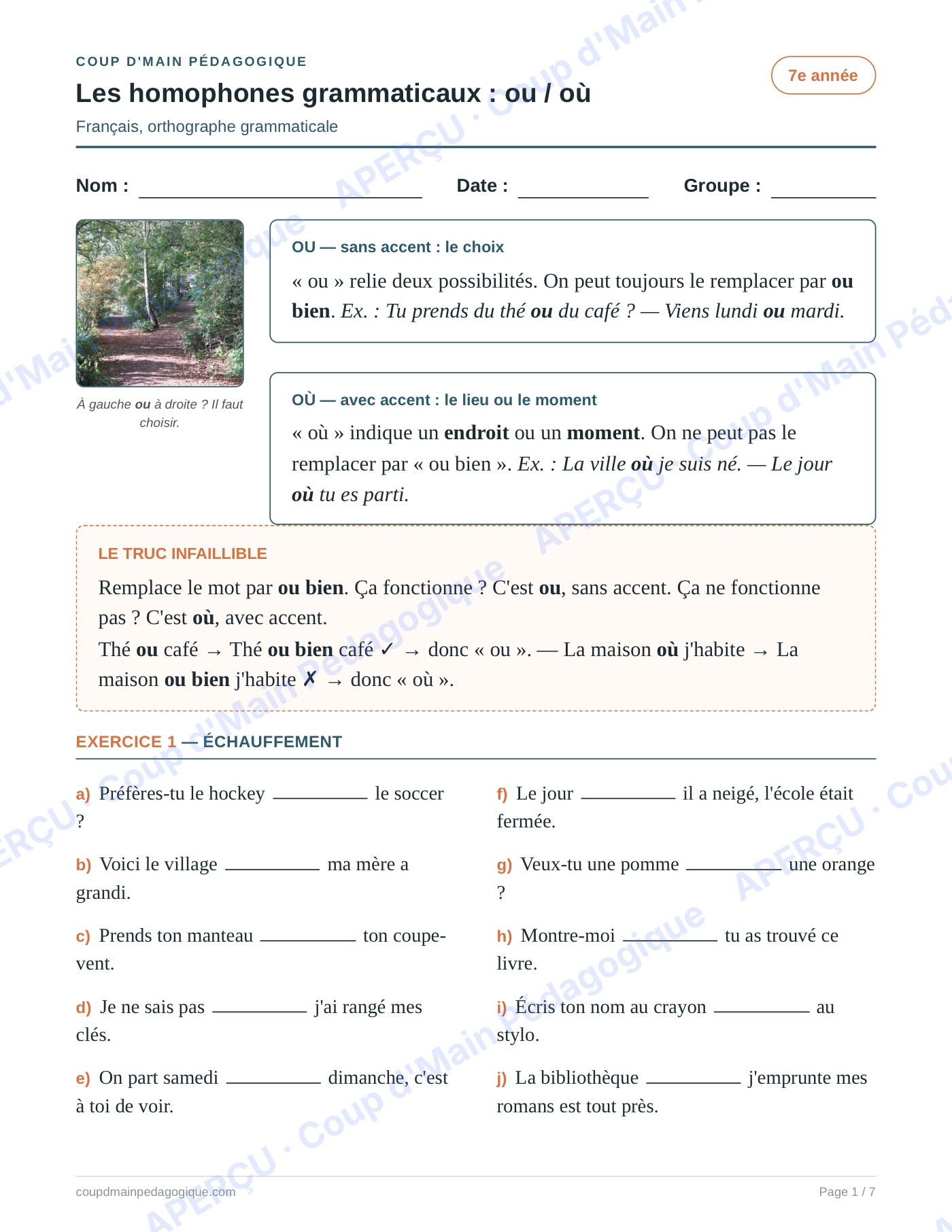 Page 1 — Les homophones ou/où — 7e année, fiche