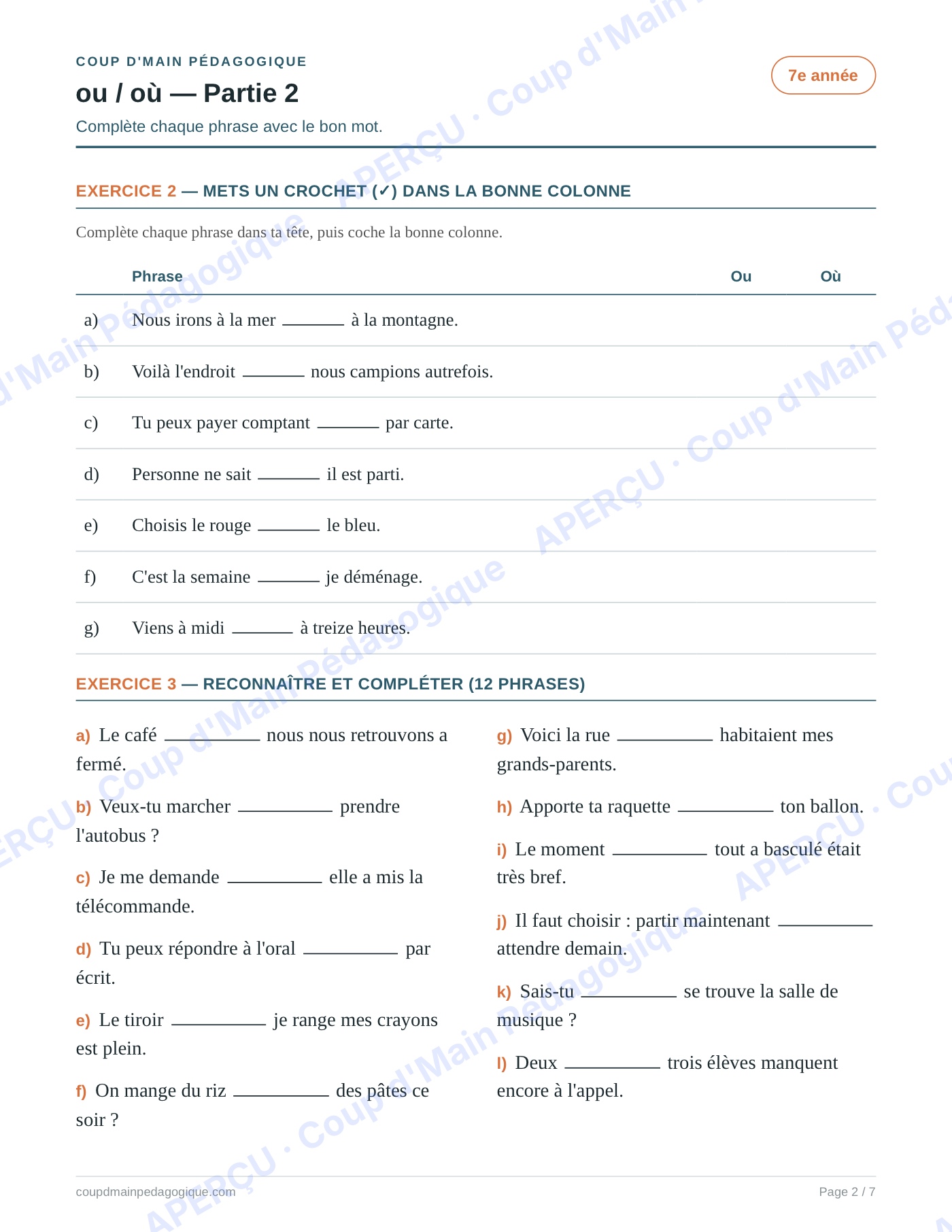 Page 2 — Les homophones ou/où — 7e année, fiche