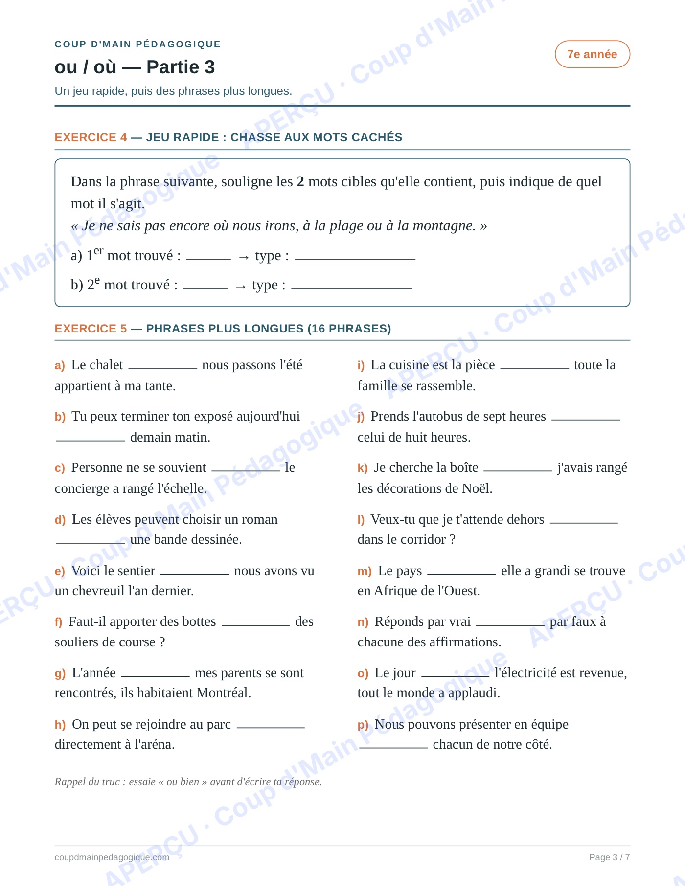 Page 3 — Les homophones ou/où — 7e année, fiche