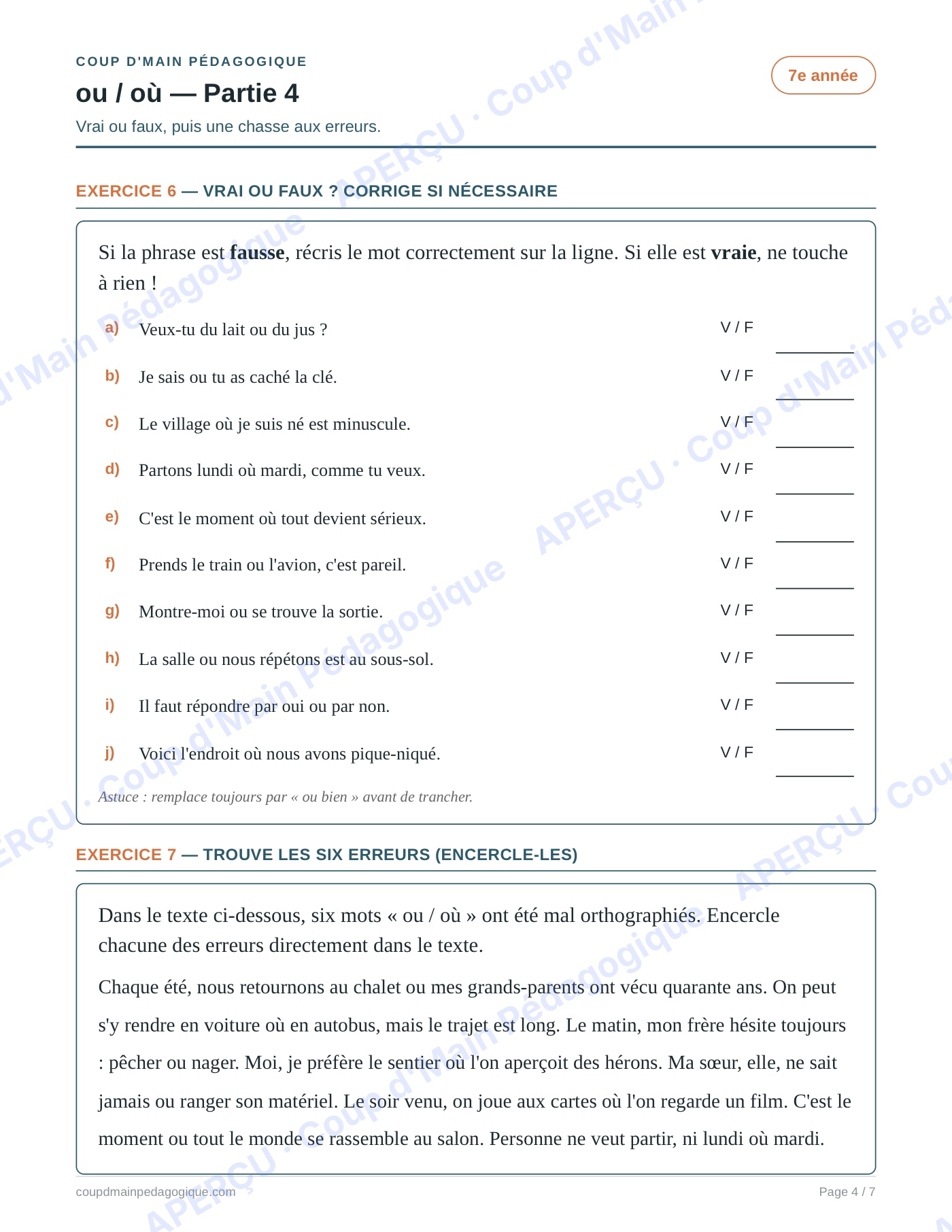 Page 4 — Les homophones ou/où — 7e année, fiche