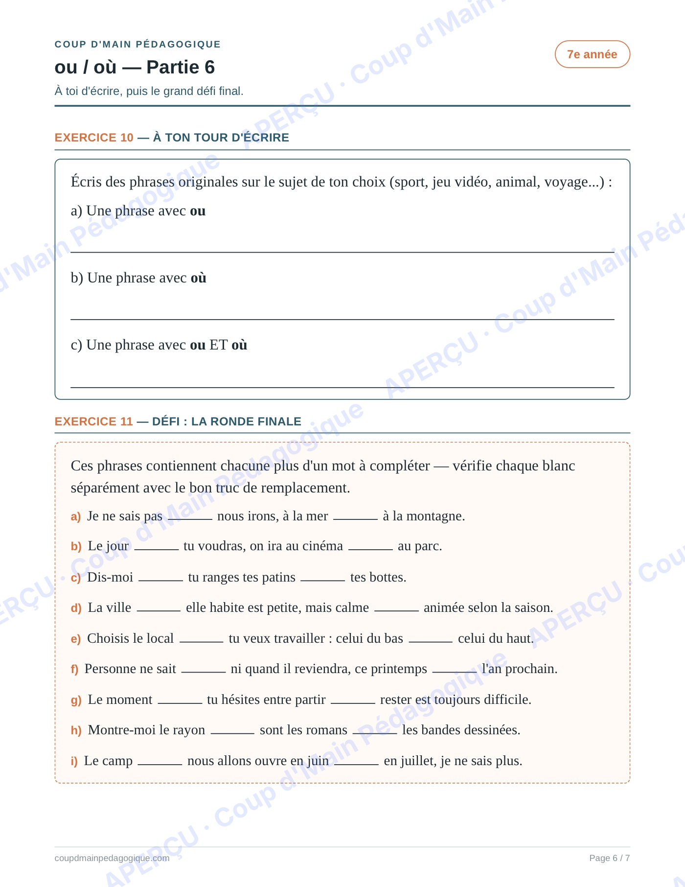 Page 6 — Les homophones ou/où — 7e année, fiche