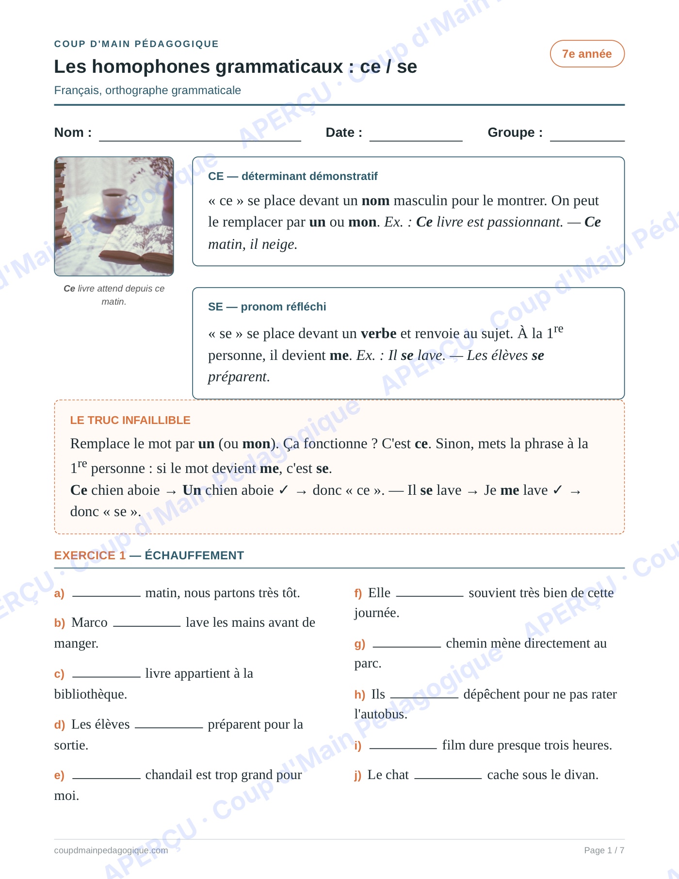 Page 1 — Les homophones ce/se — 7e année, fiche