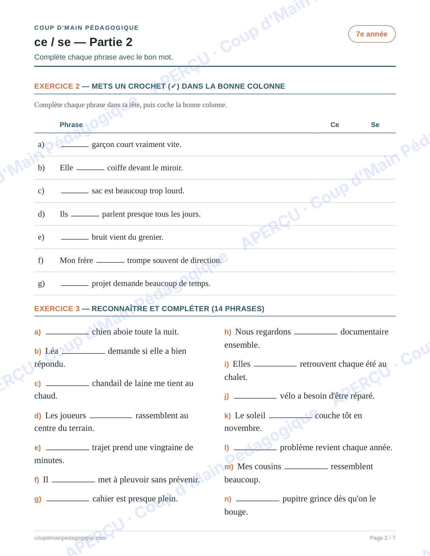 Page 2 — Les homophones ce/se — 7e année, fiche
