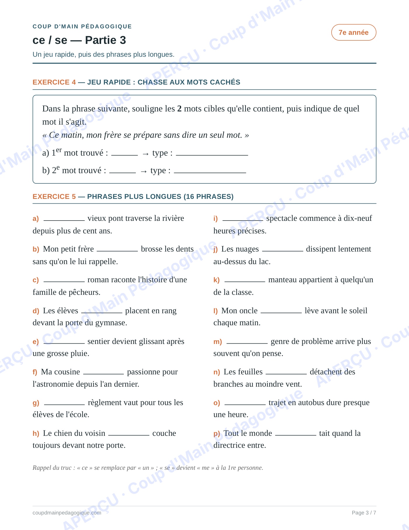 Page 3 — Les homophones ce/se — 7e année, fiche