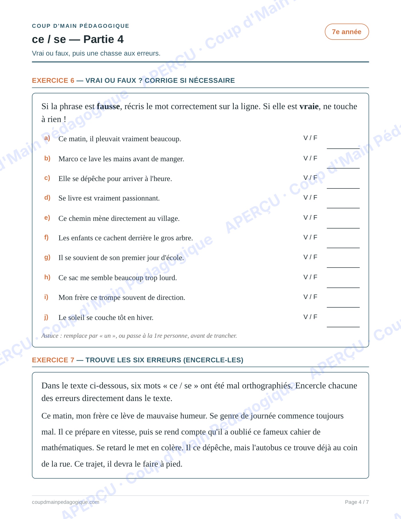 Page 4 — Les homophones ce/se — 7e année, fiche