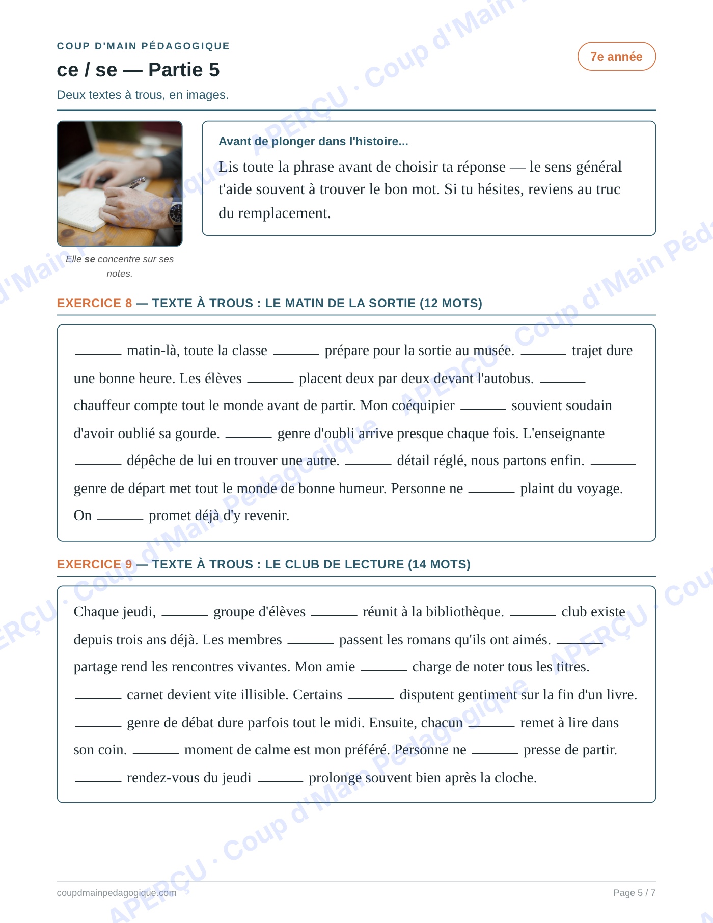 Page 5 — Les homophones ce/se — 7e année, fiche