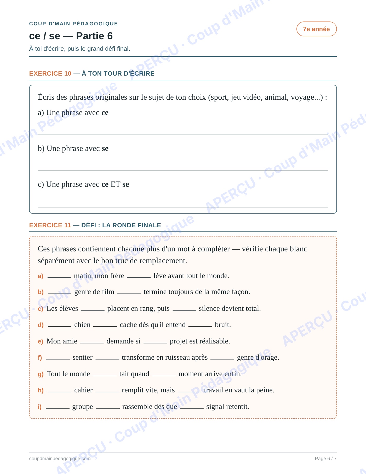 Page 6 — Les homophones ce/se — 7e année, fiche