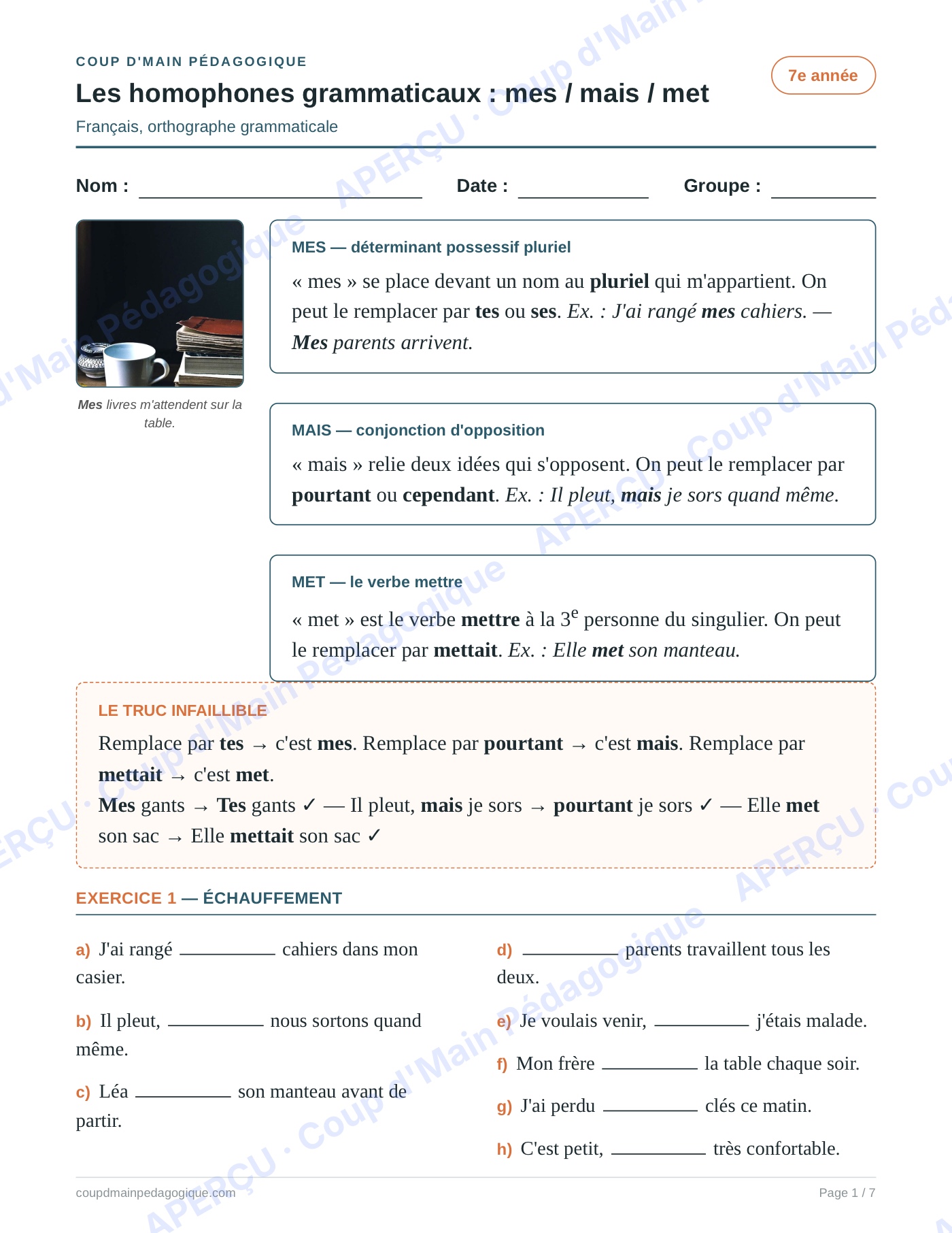 Page 1 — Les homophones mes/mais/met — 7e année, fiche