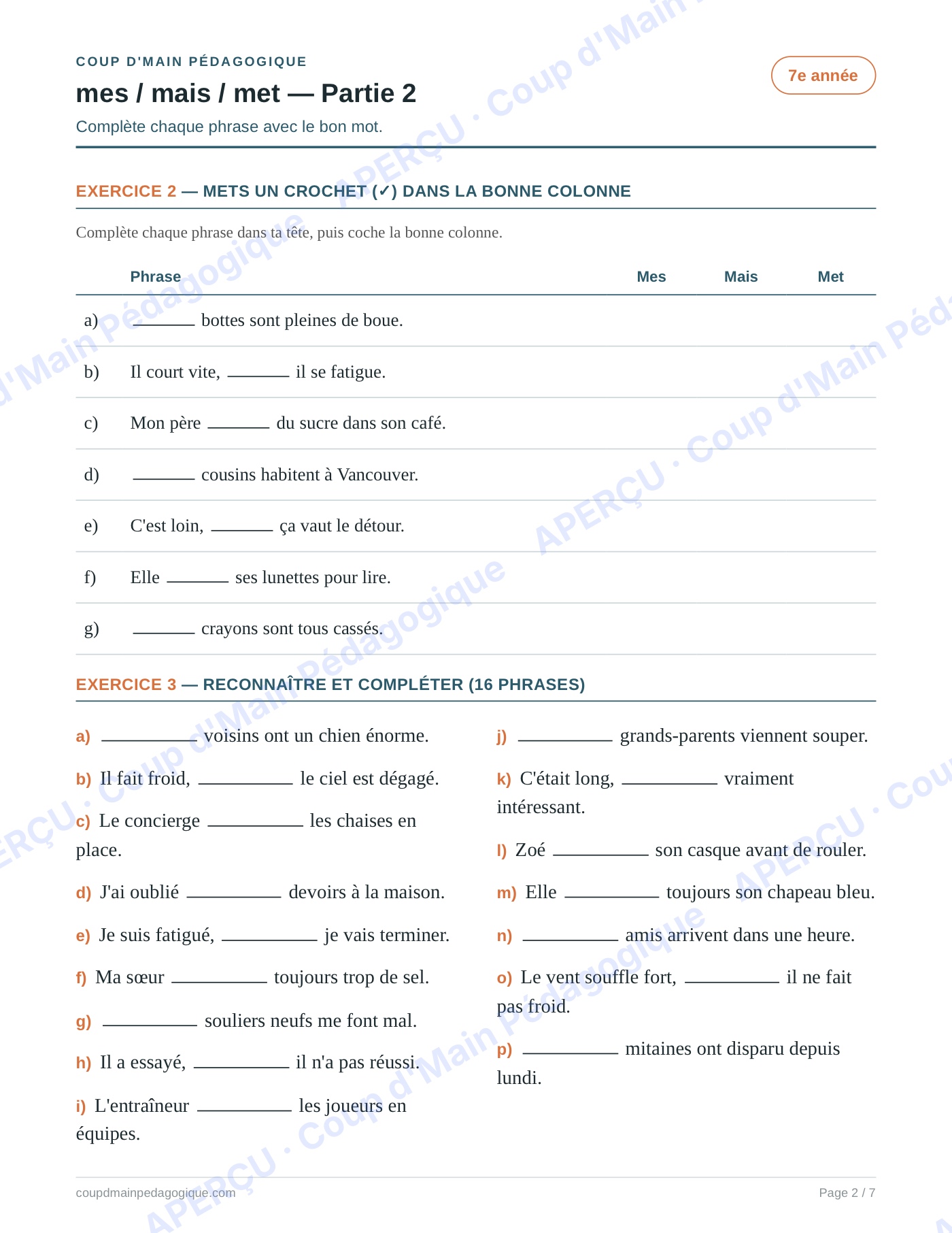 Page 2 — Les homophones mes/mais/met — 7e année, fiche
