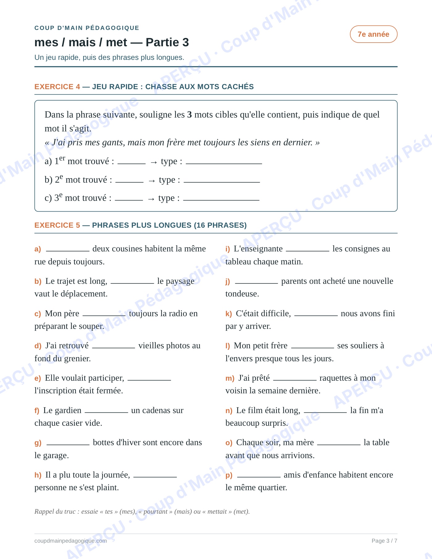 Page 3 — Les homophones mes/mais/met — 7e année, fiche