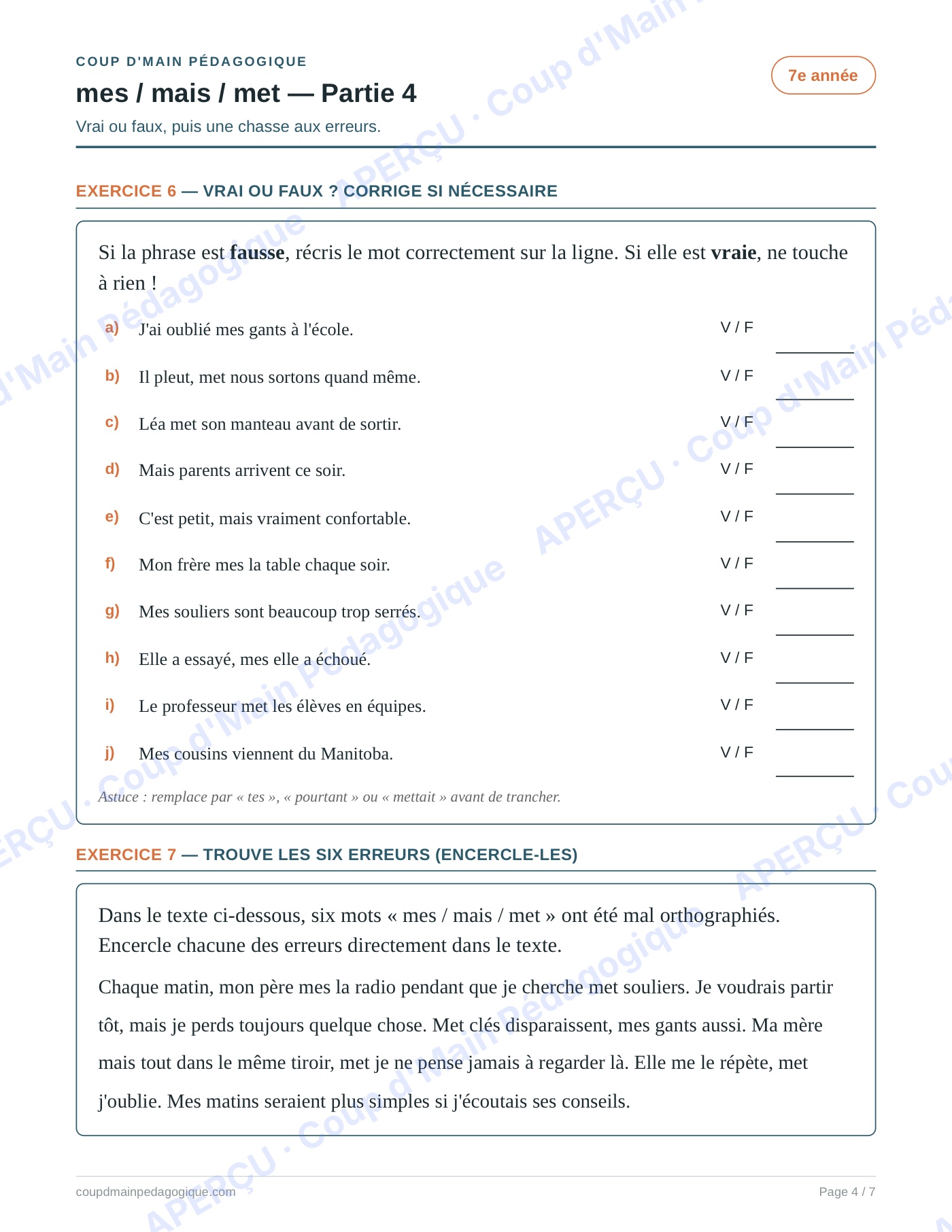 Page 4 — Les homophones mes/mais/met — 7e année, fiche