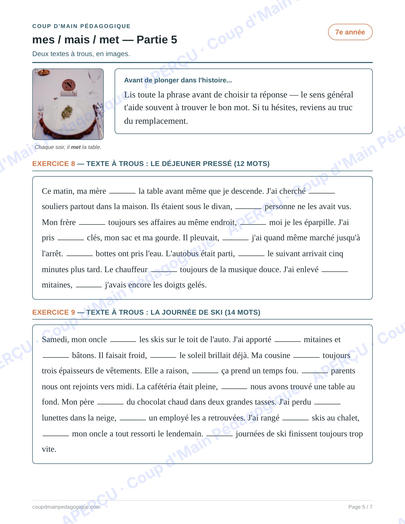 Page 5 — Les homophones mes/mais/met — 7e année, fiche
