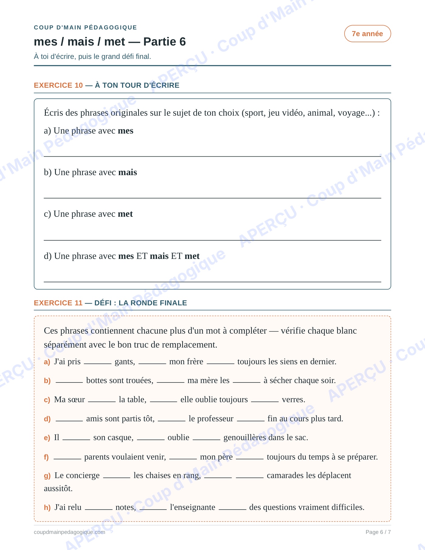 Page 6 — Les homophones mes/mais/met — 7e année, fiche