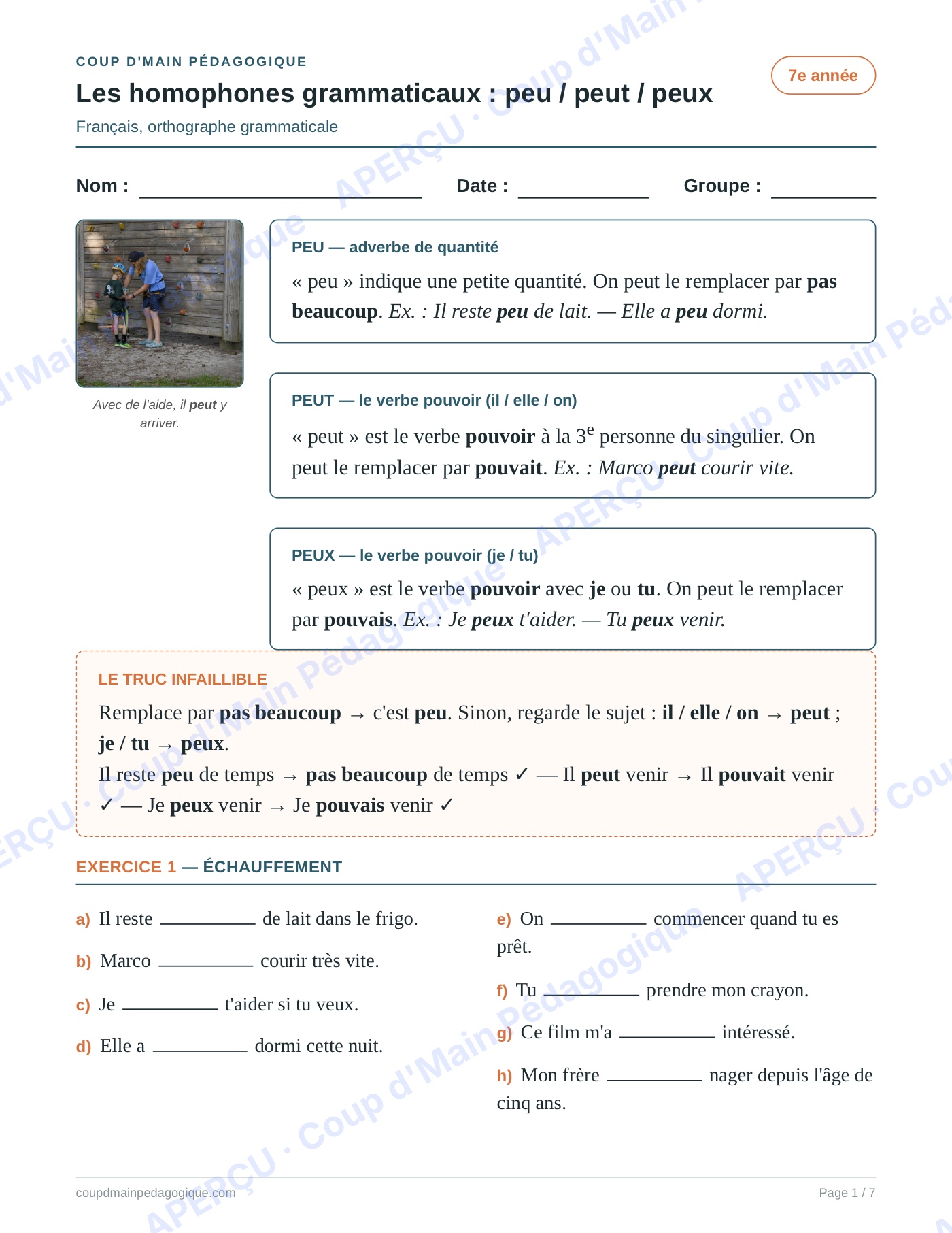 Page 1 — Les homophones peu/peut/peux — 7e année, fiche