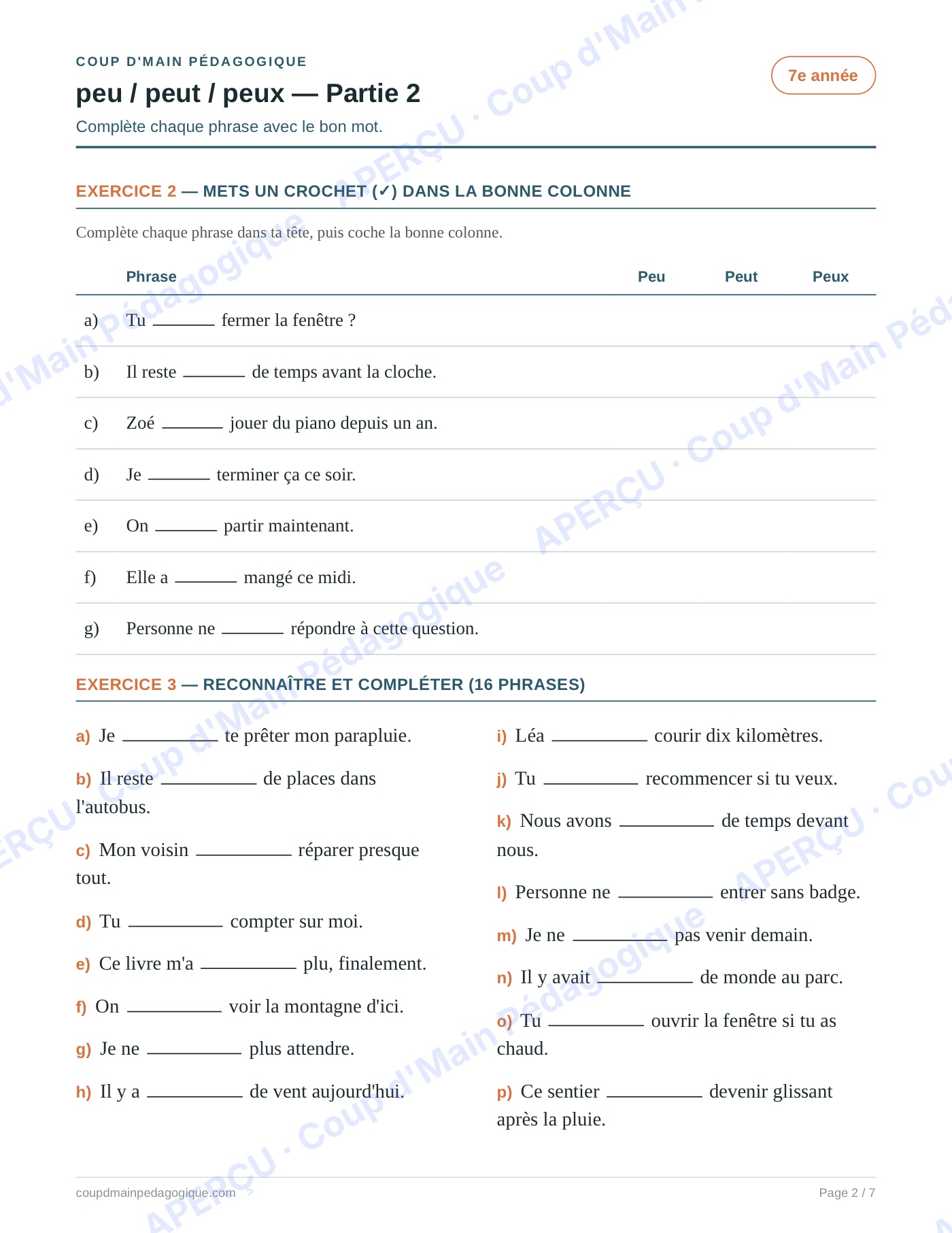 Page 2 — Les homophones peu/peut/peux — 7e année, fiche