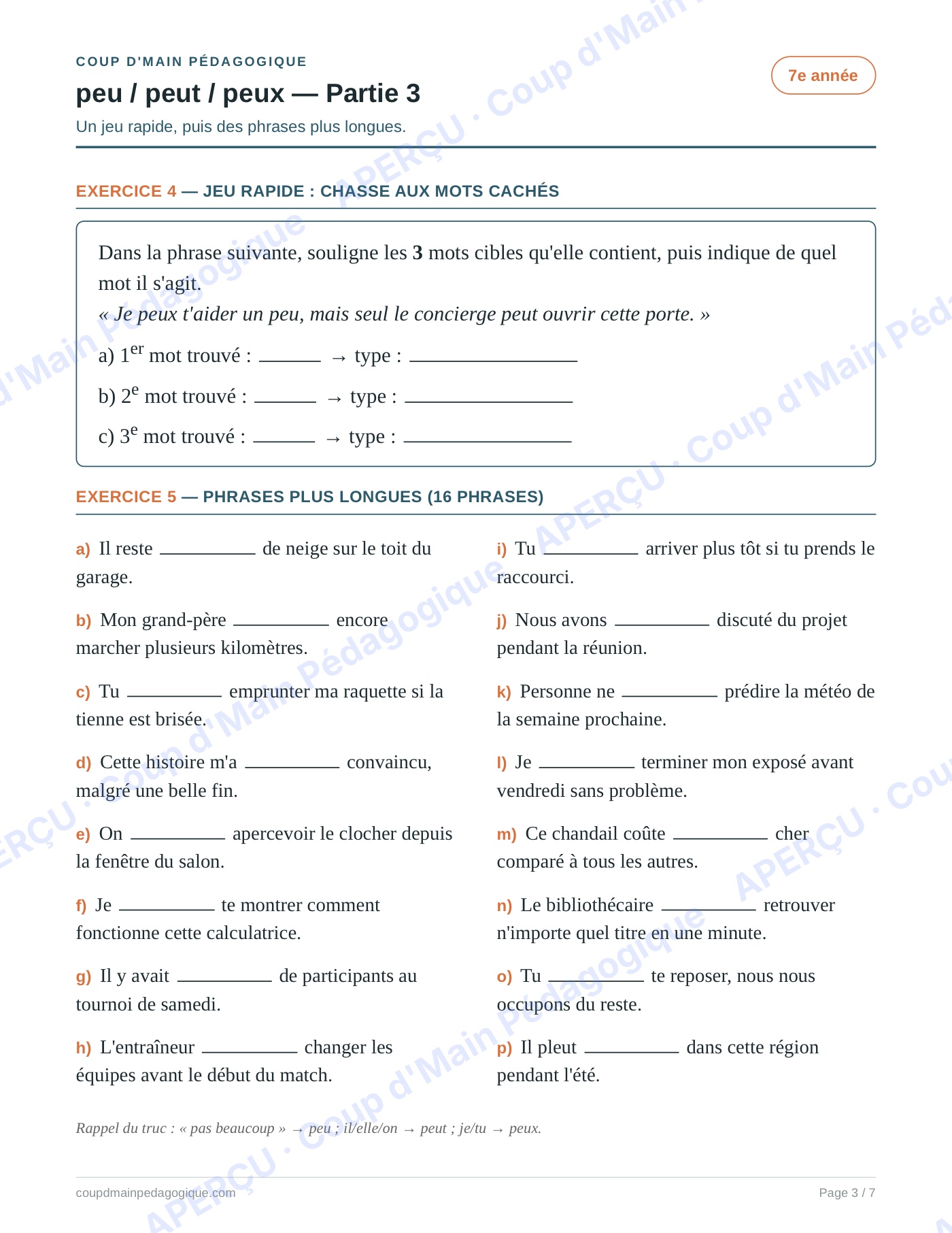 Page 3 — Les homophones peu/peut/peux — 7e année, fiche