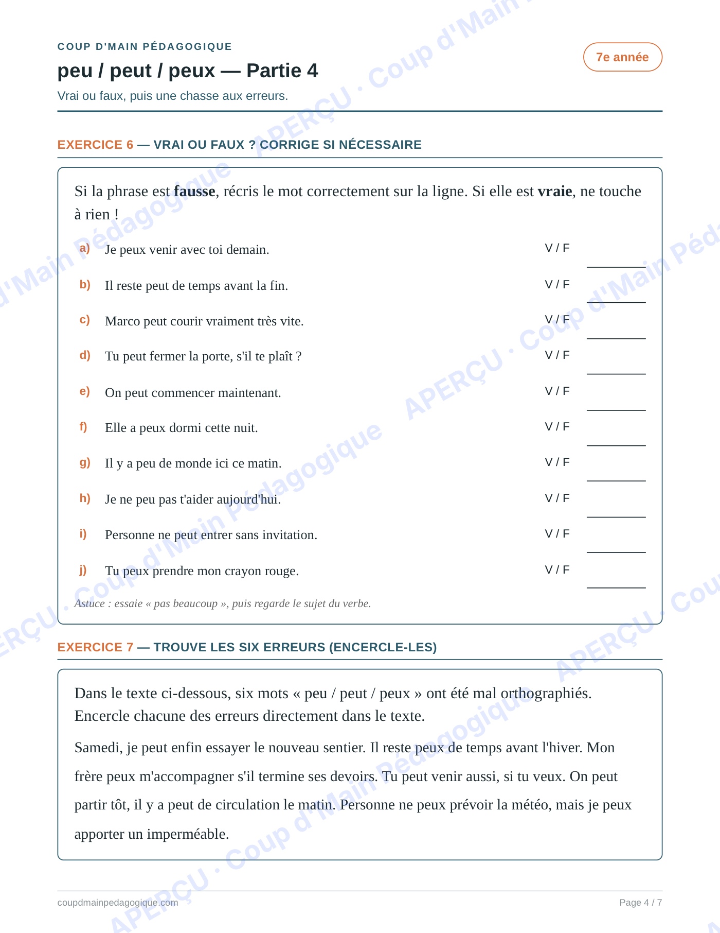 Page 4 — Les homophones peu/peut/peux — 7e année, fiche
