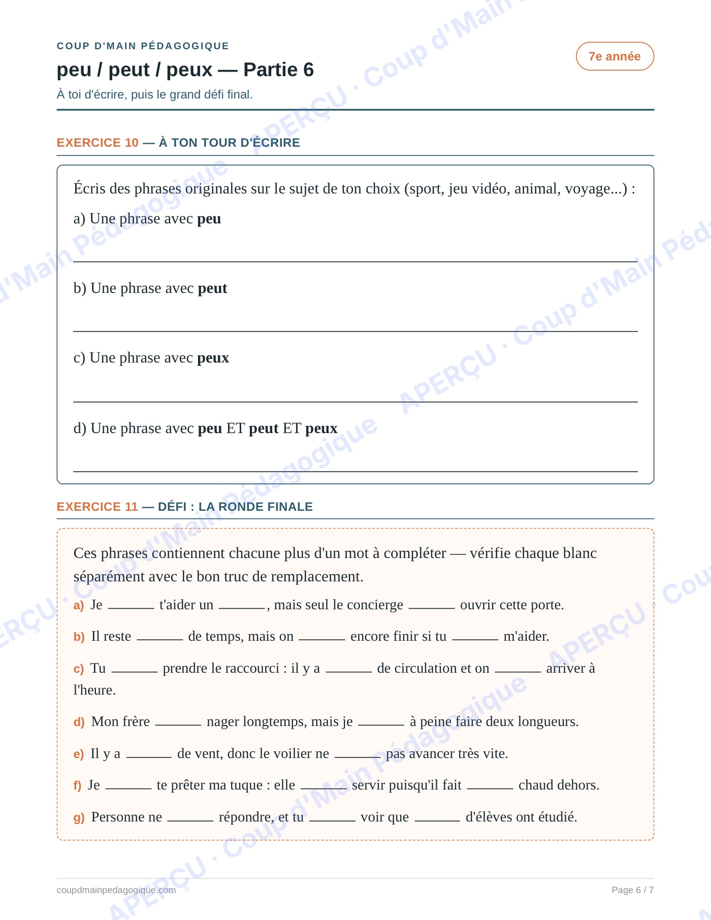 Page 6 — Les homophones peu/peut/peux — 7e année, fiche