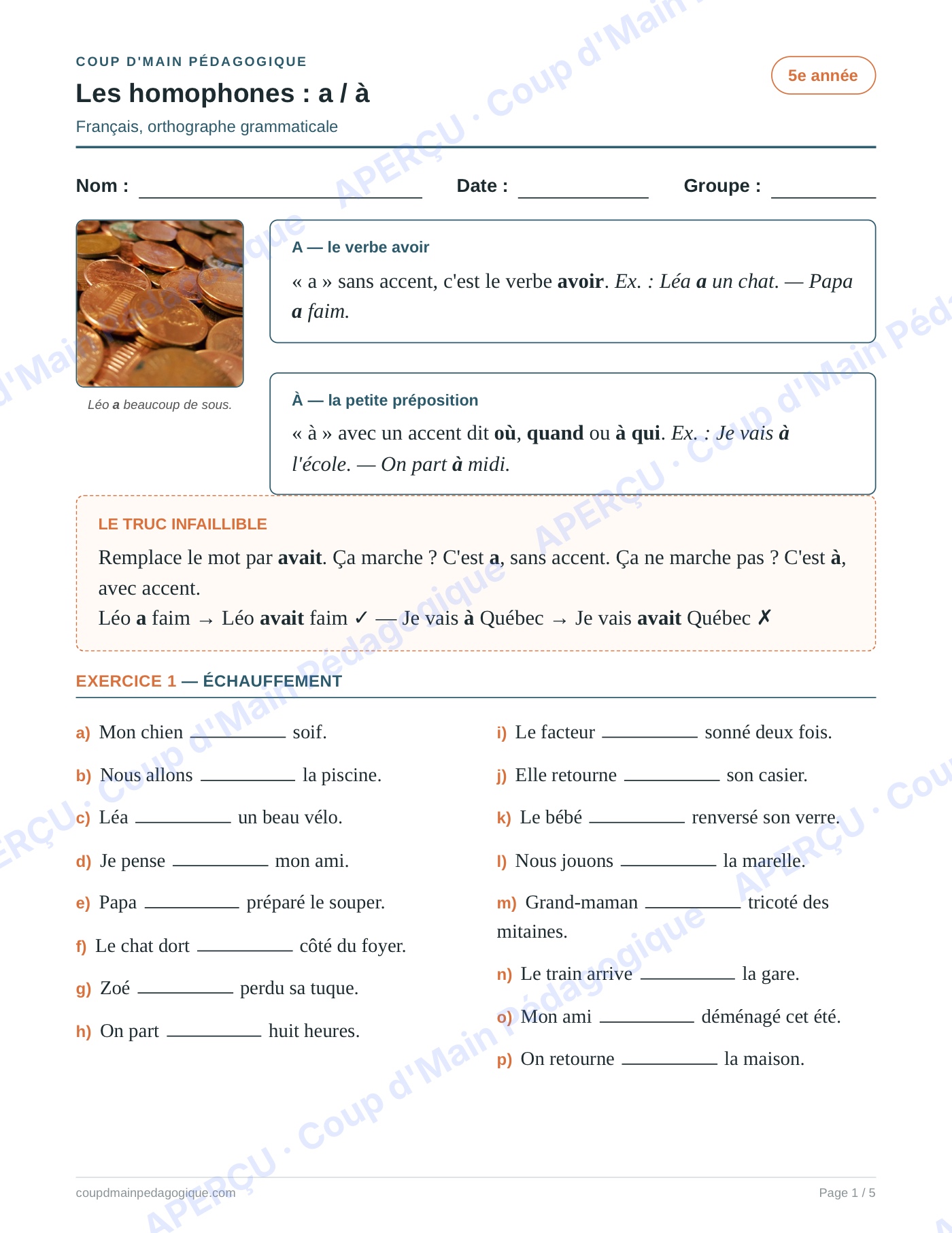Page 1 — Les homophones a/à — 5e année, fiche