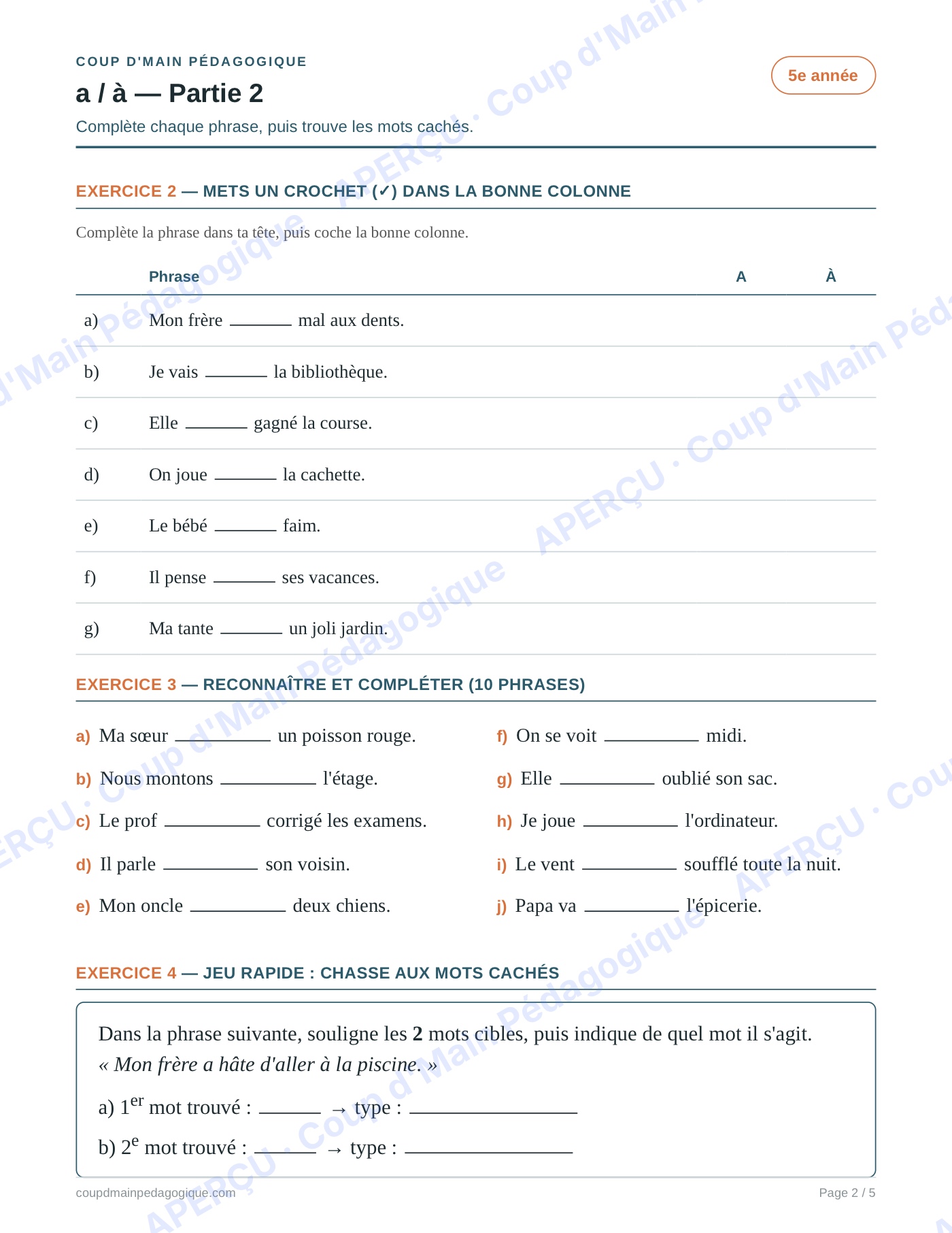 Page 2 — Les homophones a/à — 5e année, fiche