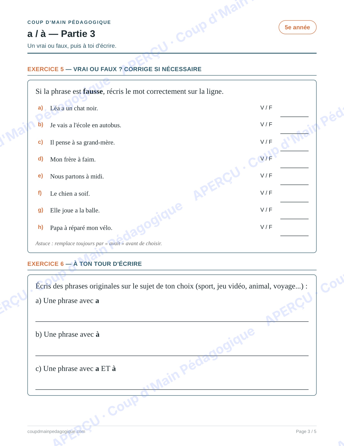 Page 3 — Les homophones a/à — 5e année, fiche