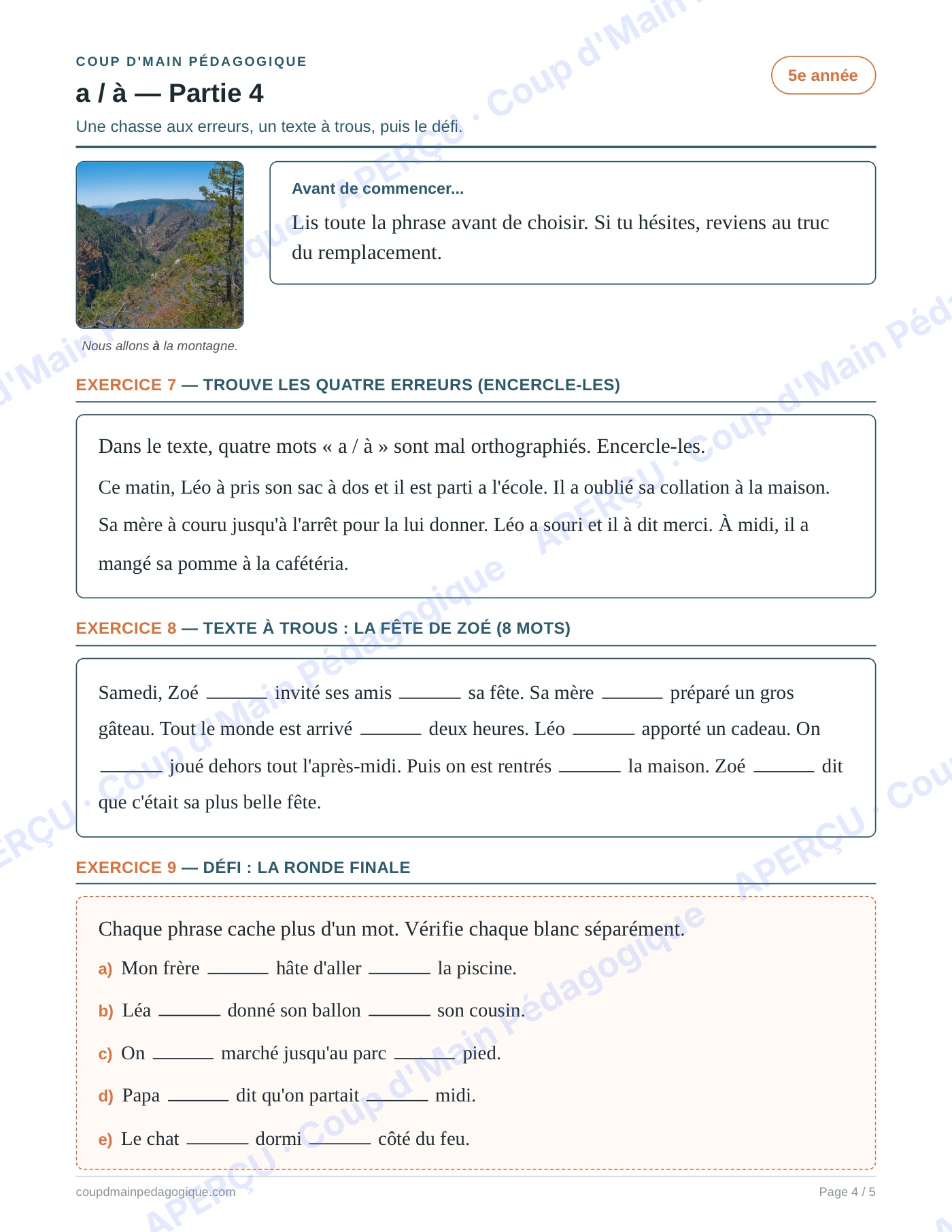 Page 4 — Les homophones a/à — 5e année, fiche