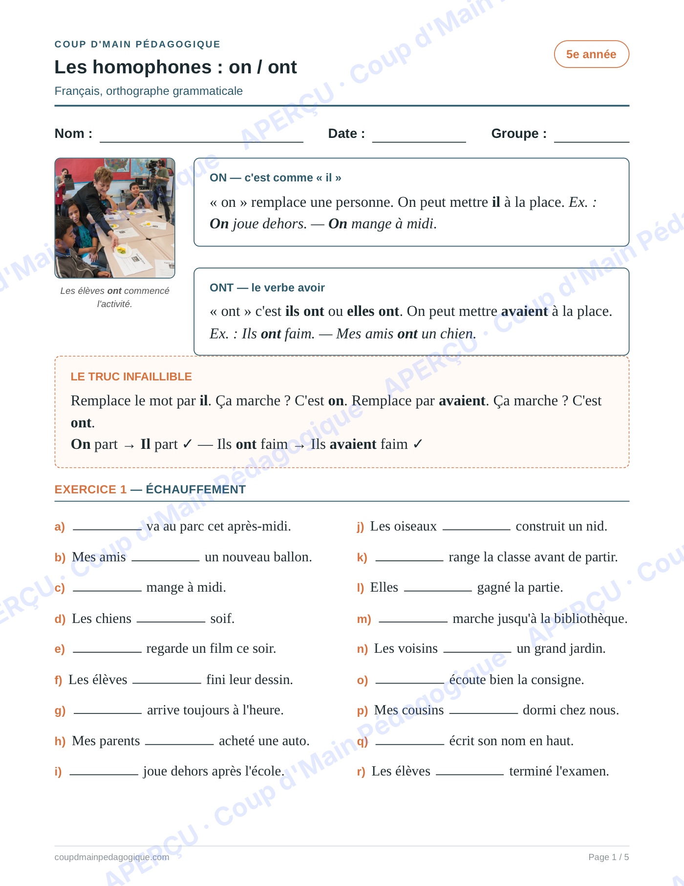 Page 1 — Les homophones on/ont — 5e année, fiche