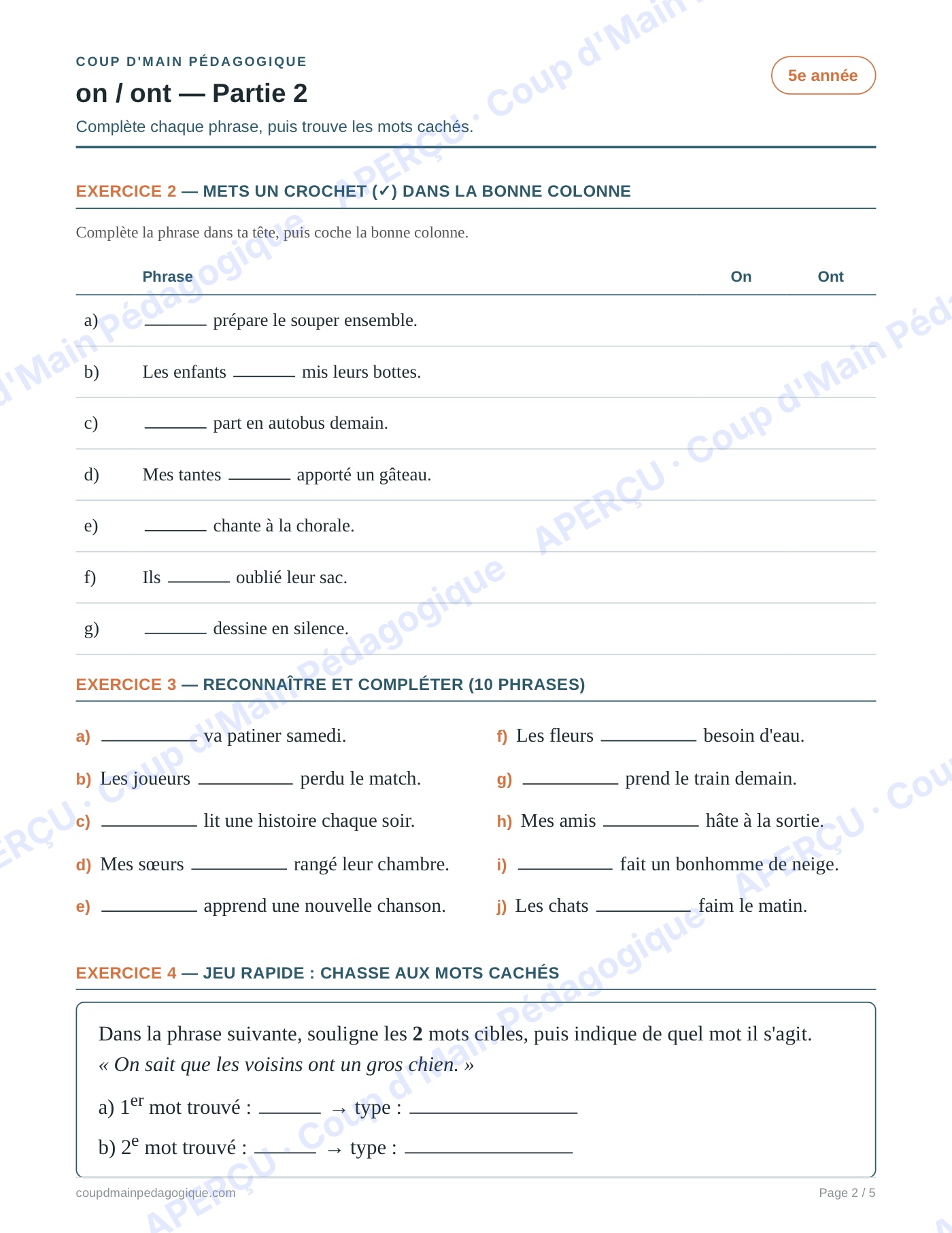 Page 2 — Les homophones on/ont — 5e année, fiche