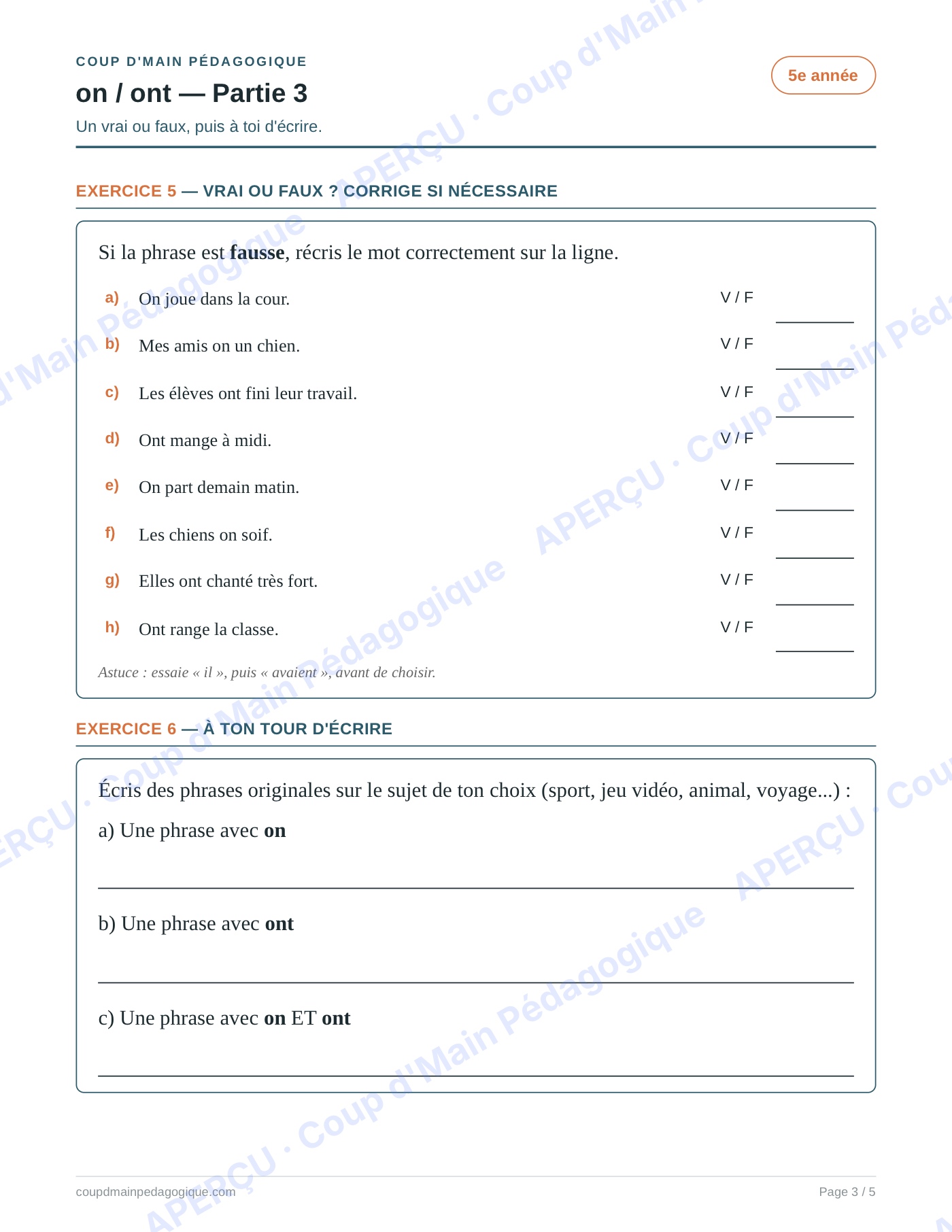 Page 3 — Les homophones on/ont — 5e année, fiche