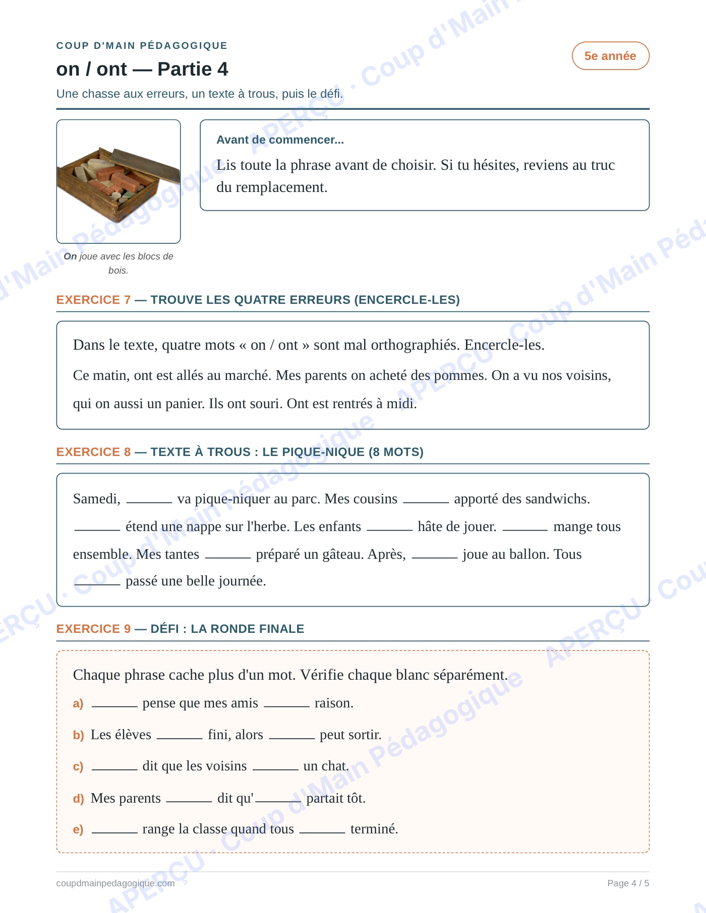 Page 4 — Les homophones on/ont — 5e année, fiche