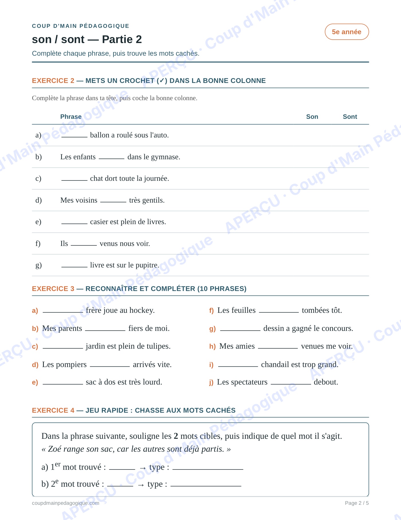Page 2 — Les homophones son/sont — 5e année, fiche