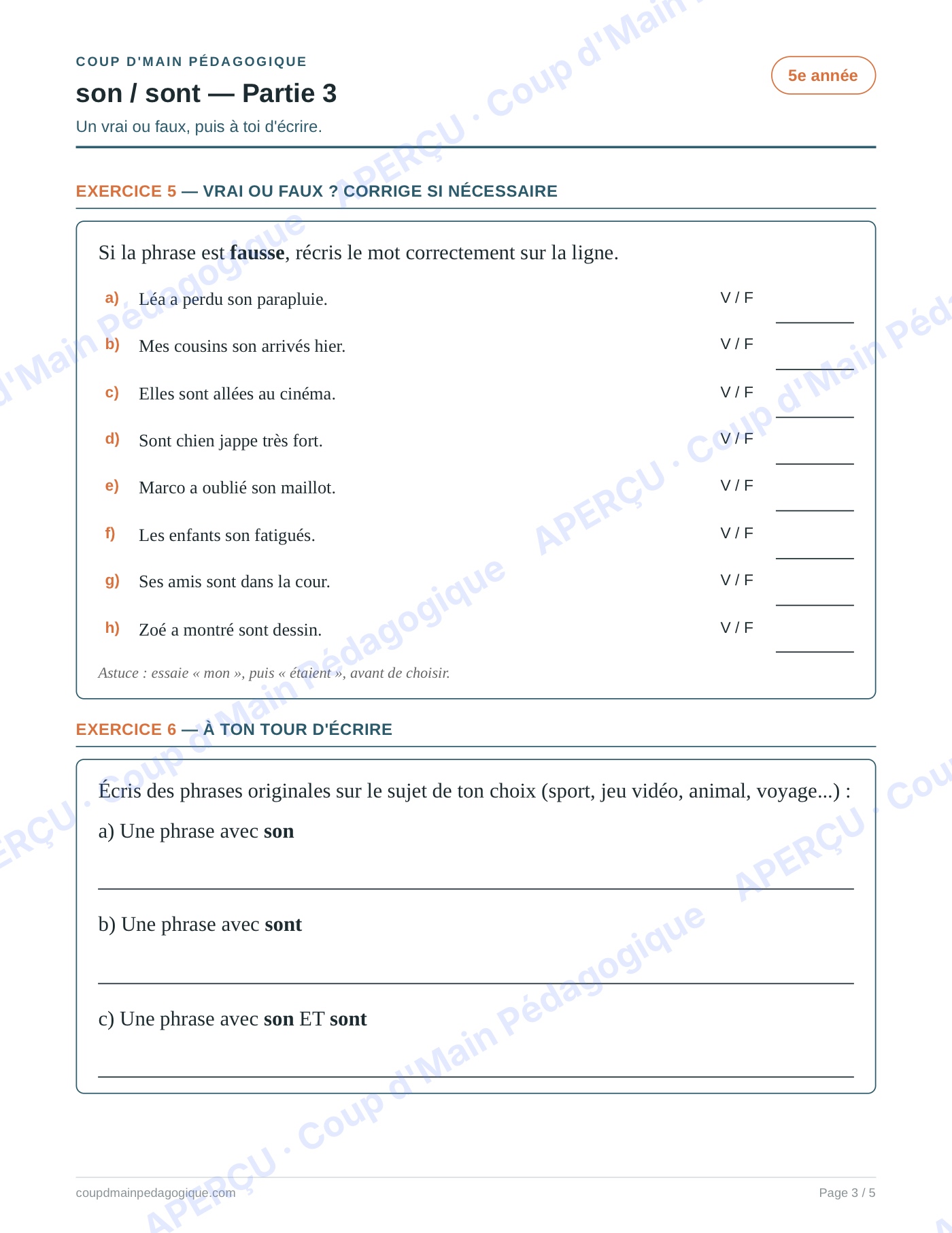 Page 3 — Les homophones son/sont — 5e année, fiche