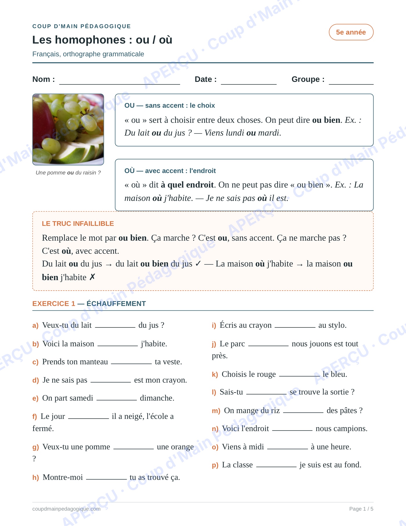 Page 1 — Les homophones ou/où — 5e année, fiche