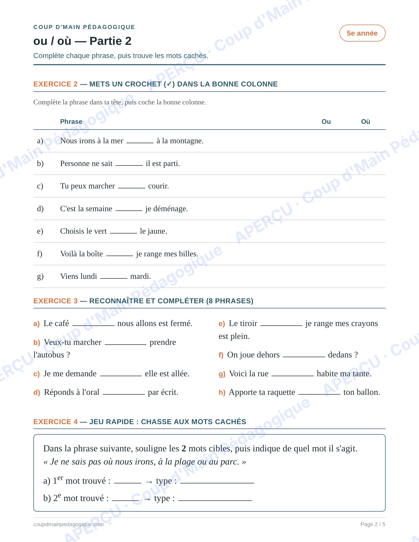 Page 2 — Les homophones ou/où — 5e année, fiche