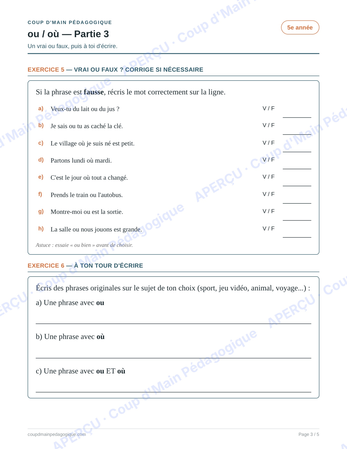 Page 3 — Les homophones ou/où — 5e année, fiche