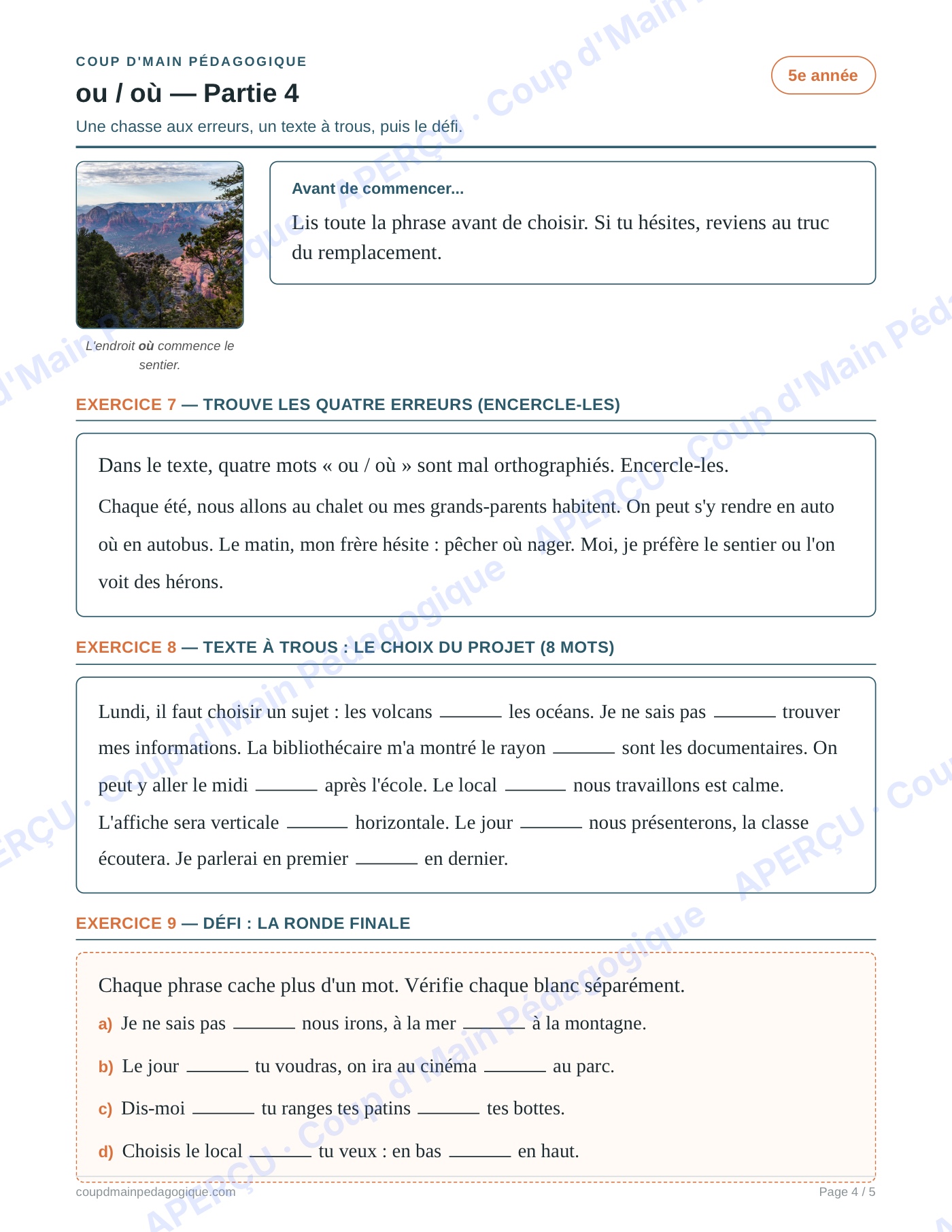 Page 4 — Les homophones ou/où — 5e année, fiche