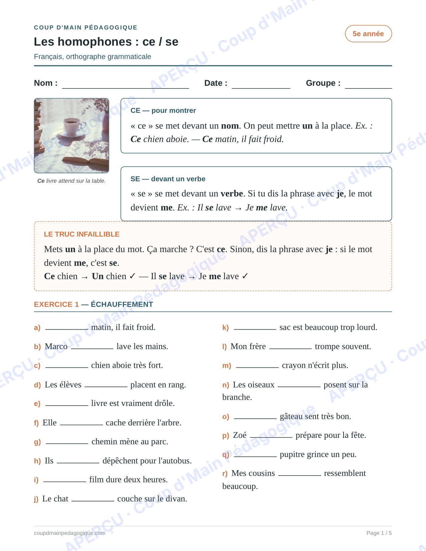Page 1 — Les homophones ce/se — 5e année, fiche