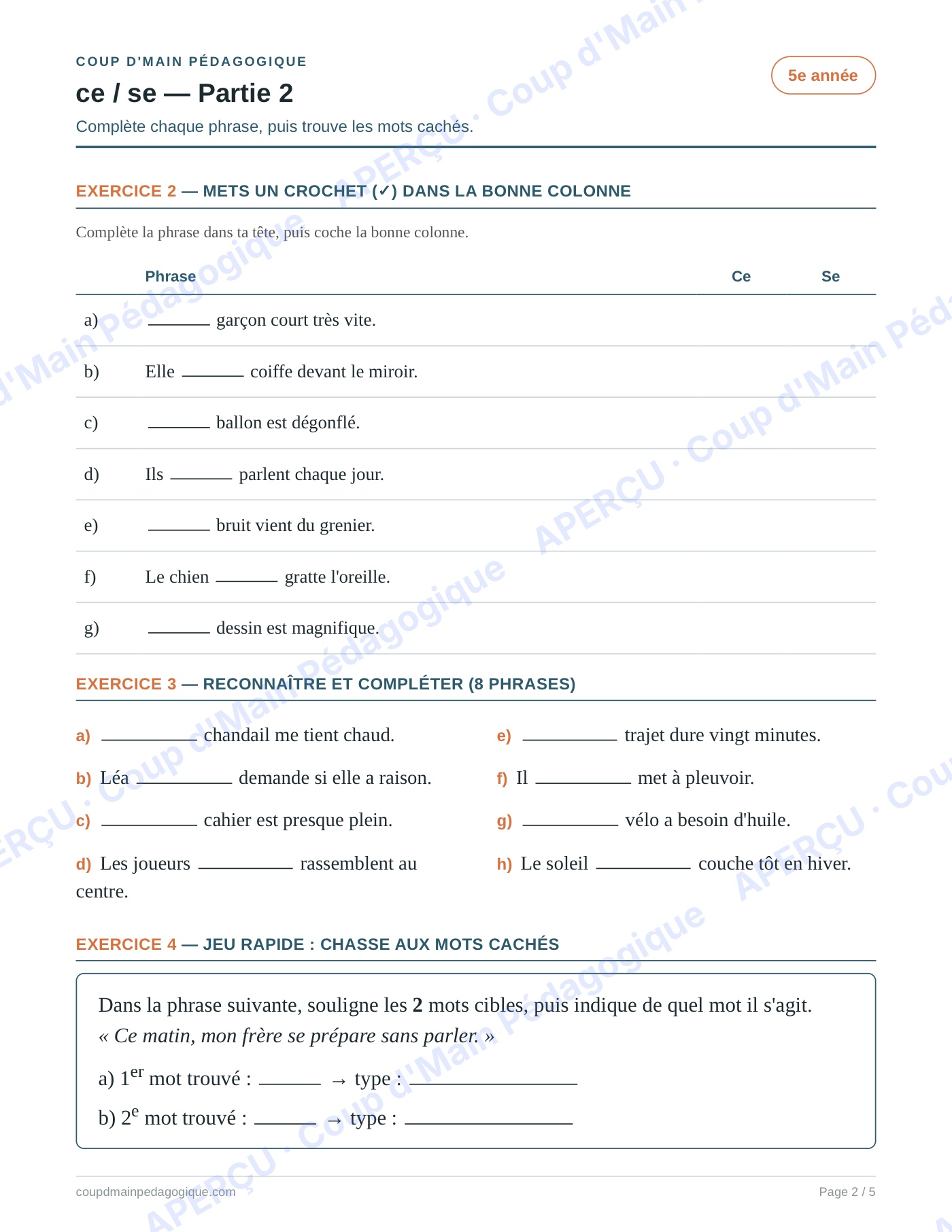 Page 2 — Les homophones ce/se — 5e année, fiche