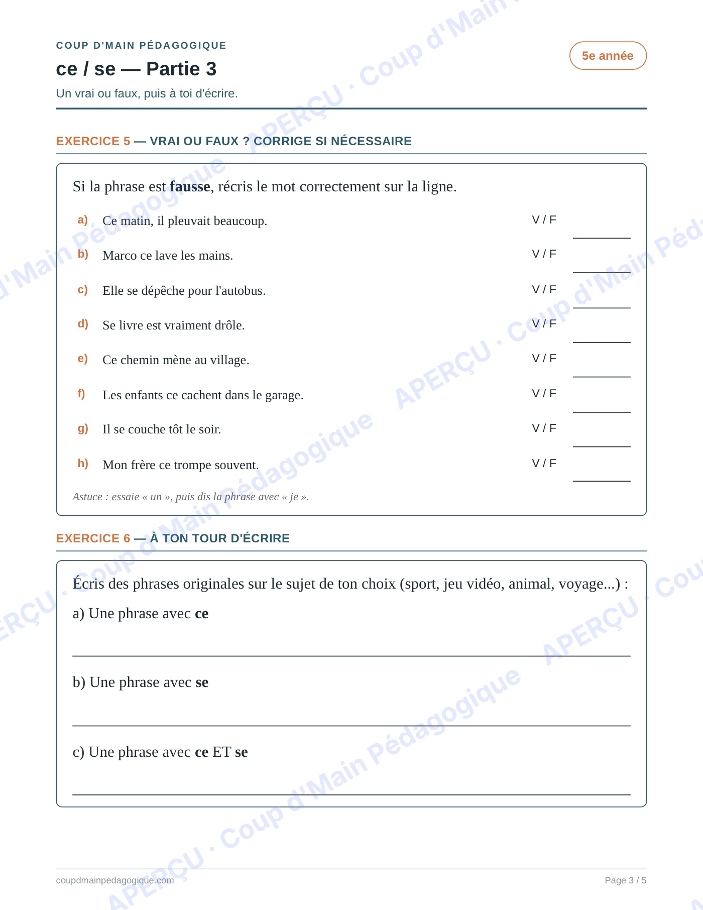 Page 3 — Les homophones ce/se — 5e année, fiche